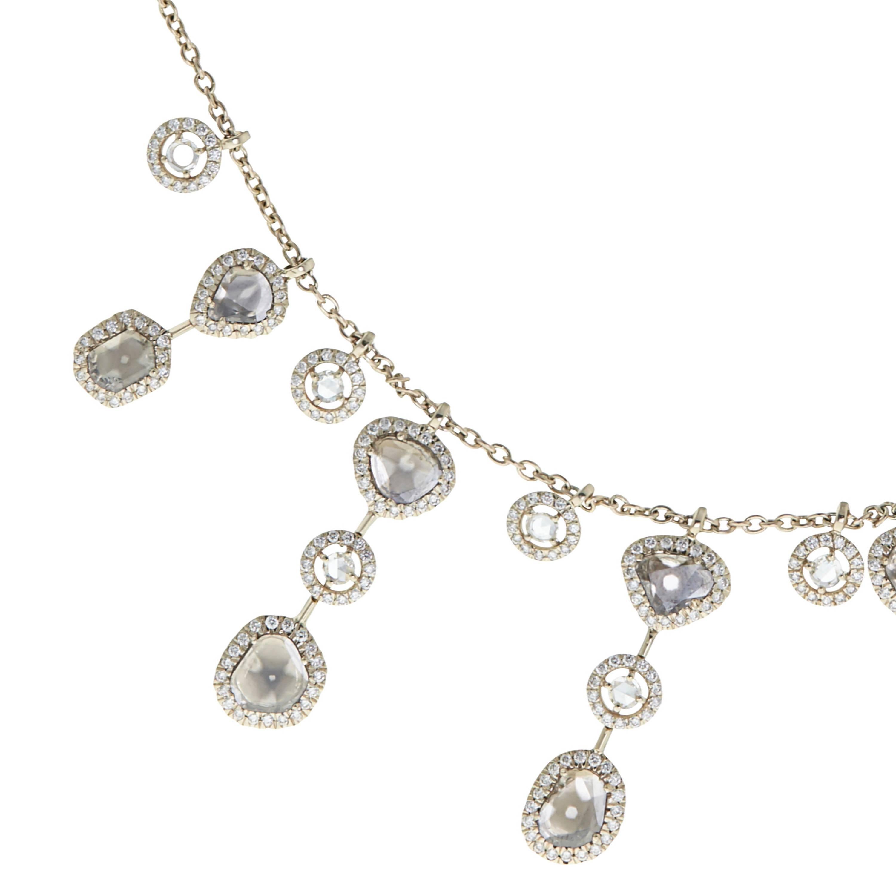 Manpriya B Slice, Rose Cut, White Diamond 18K Gold Fringe Chain Drop Necklace For Sale 3