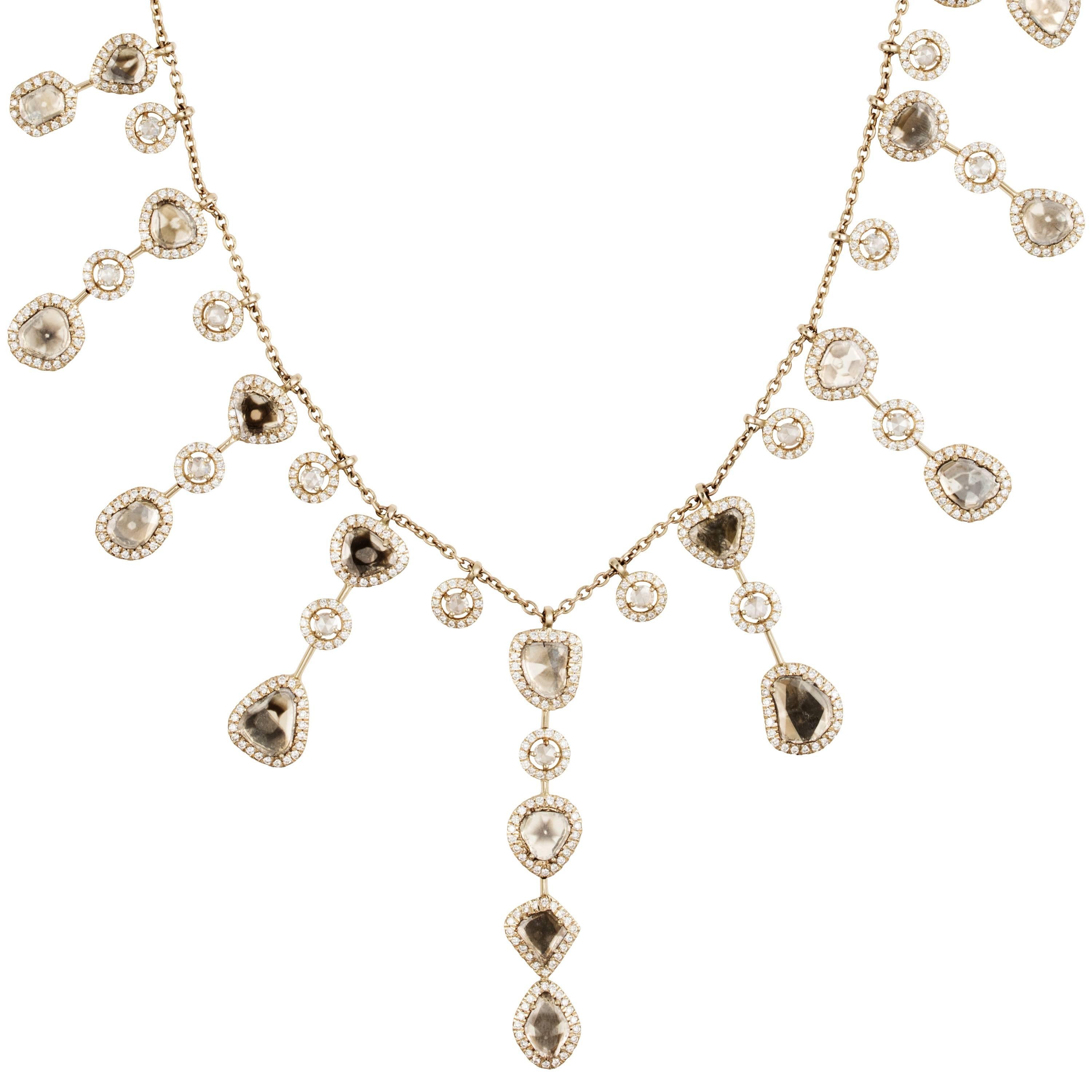 Manpriya B Slice, Rose Cut, White Diamond 18K Gold Fringe Chain Drop Necklace For Sale 7