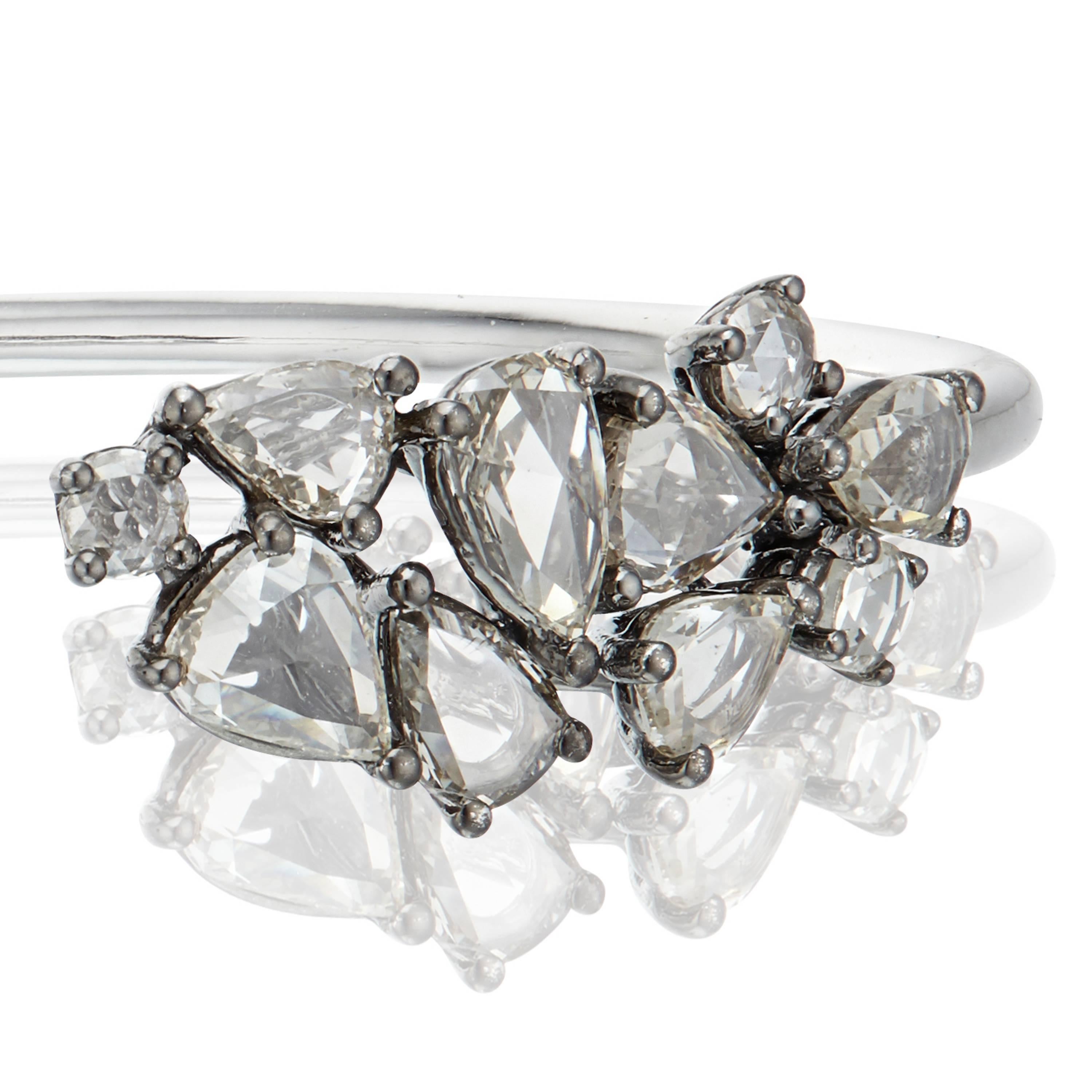 Manpriya B 18 karat White Gold Pear Round Rose Cut Diamonds Torque Bangle  In New Condition In London, GB