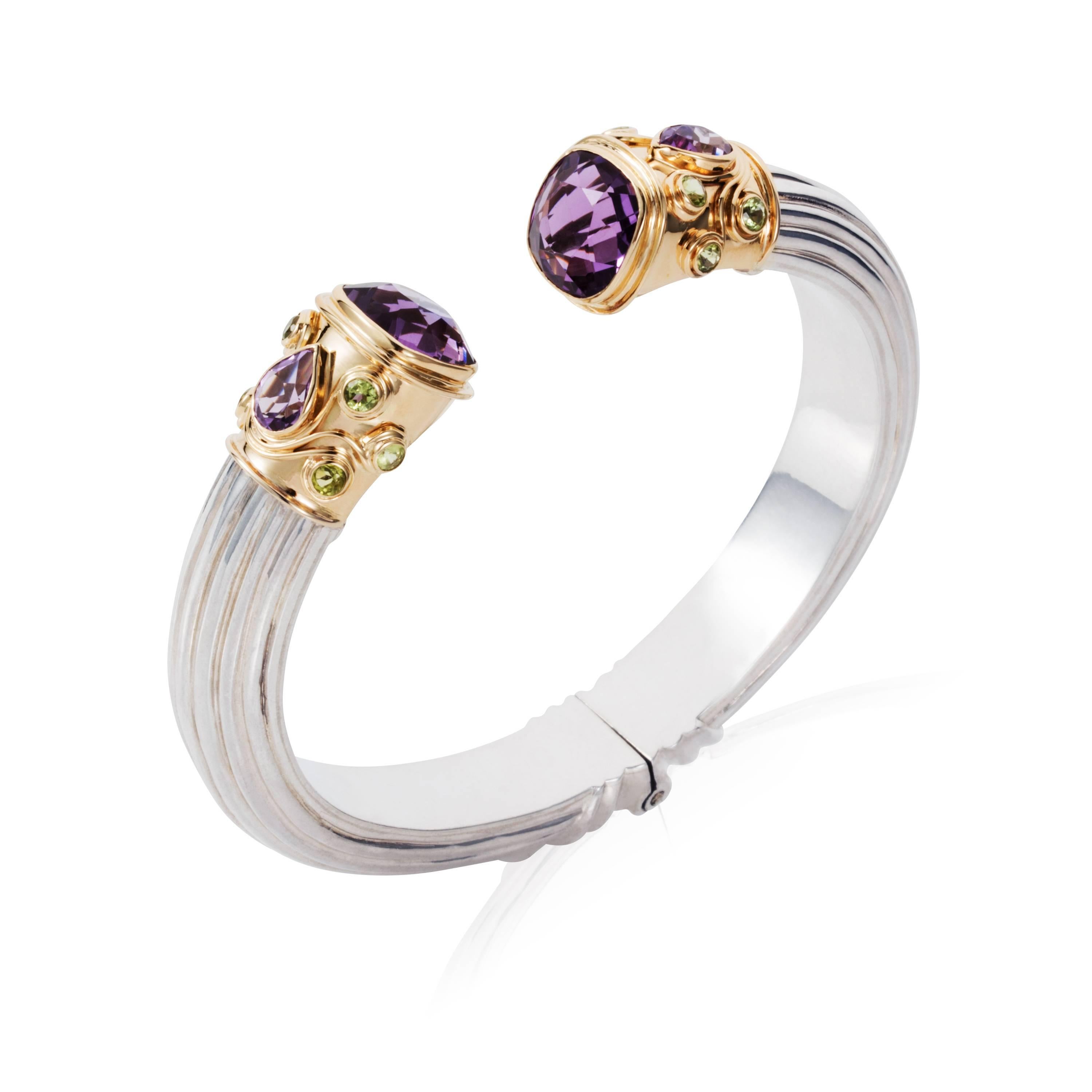 Amethyst Cuff bangle detail:
Gross weight: 61.550 grams 
Gold weight: 8.800 grams 
Total stone weight: 17.85 carats 

Citrine Cuff bangle detail:
Gross weight: 63.600 grams 
Gold weight: 6.800 grams 
Total stone weight: 17.74 carats 

Bangles can be