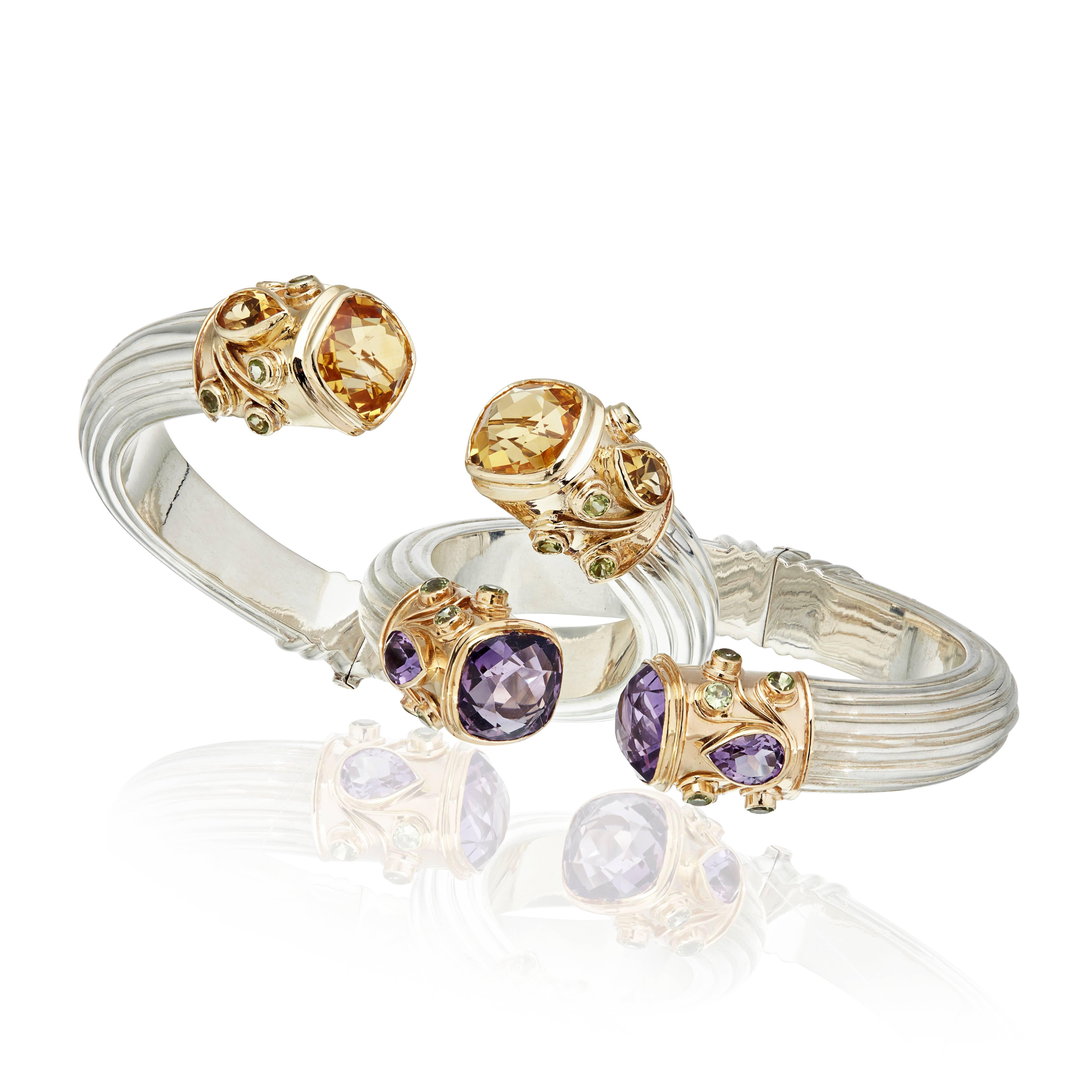 Manpriya B Amethyst, Peridot Yellow Gold and Silver Cuff Bangle  In New Condition For Sale In London, GB