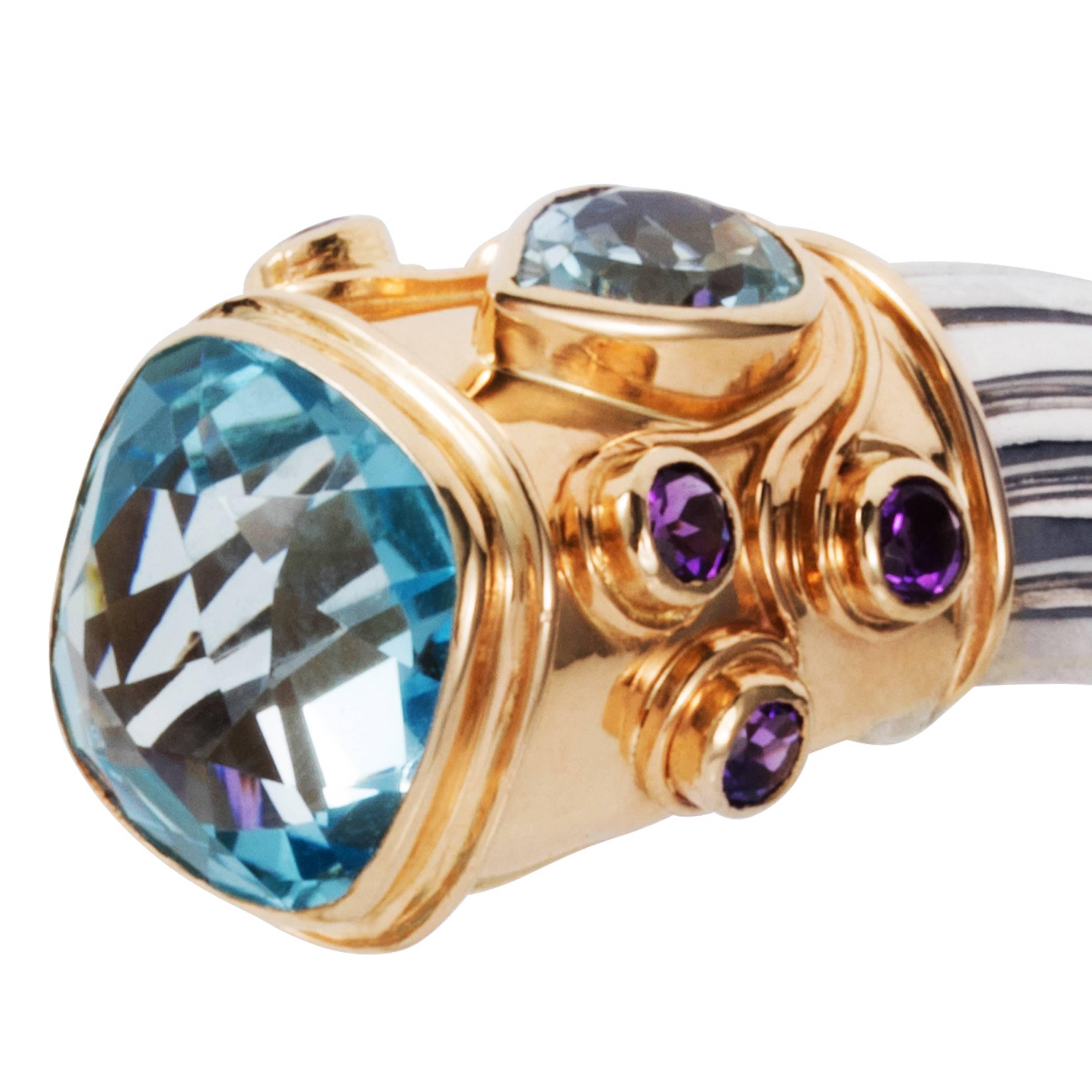 Cushion Cut Manpriya B Blue Topaz, Amethyst Yellow Gold and Silver Cuff Bangle  For Sale