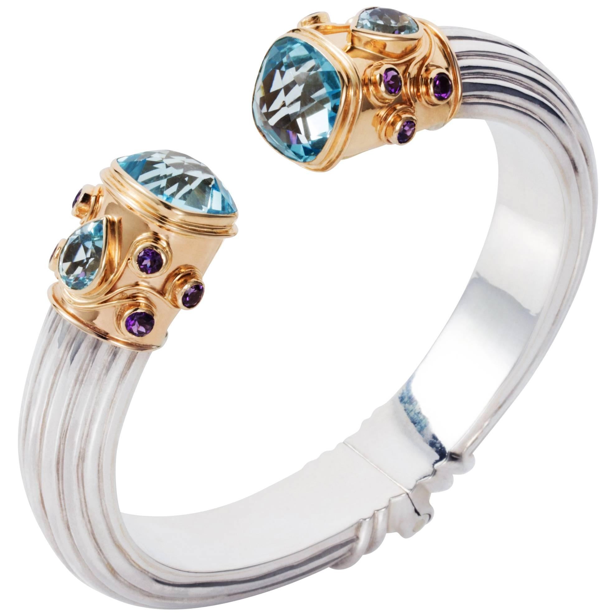 Manpriya B Blue Topaz, Amethyst Yellow Gold and Silver Cuff Bangle  For Sale