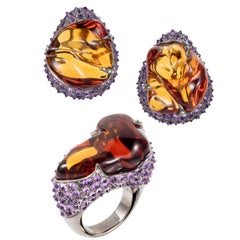 Manpriya B Citrine Tumble, Amethyst and Diamond Glam Rocks Earrings and Ring