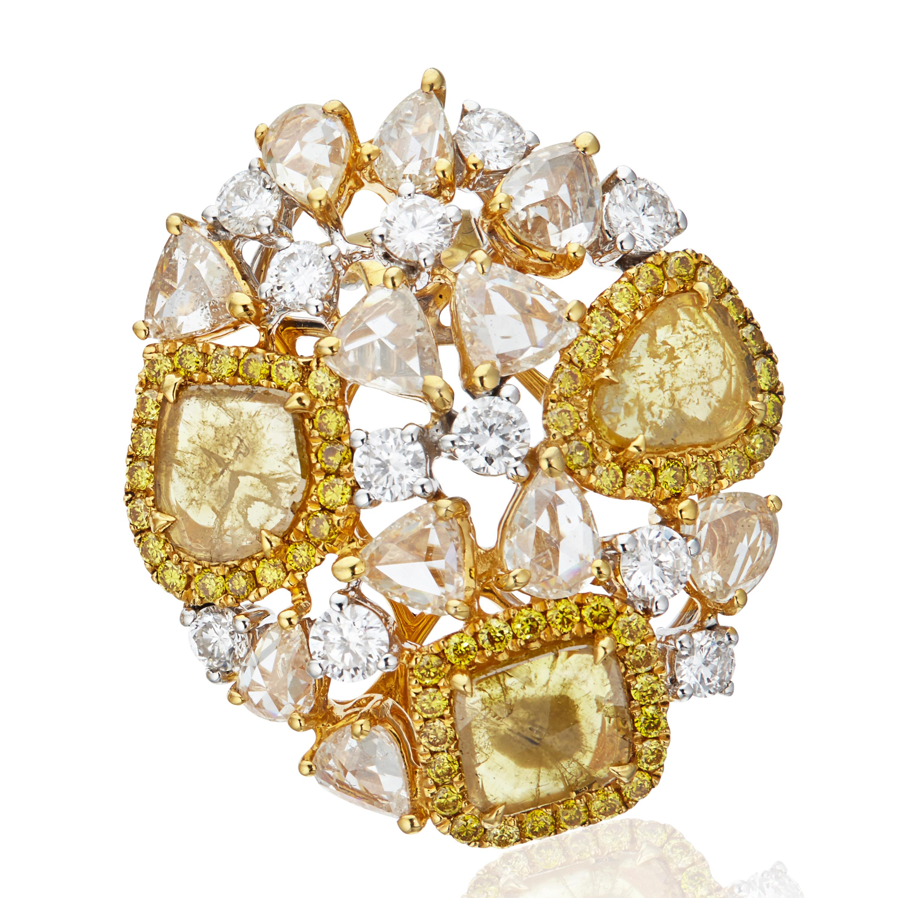 Gross weight: 12.840grams
Gold weight : 11.700 grams 
Diamond weight : 5.71 carats 
Coloured slice diamonds and rose cut diamonds in 18k gold.
Also available in white slice and rose cut diamonds in 18k white gold

Golden Cosmos Earrings by Manpriya