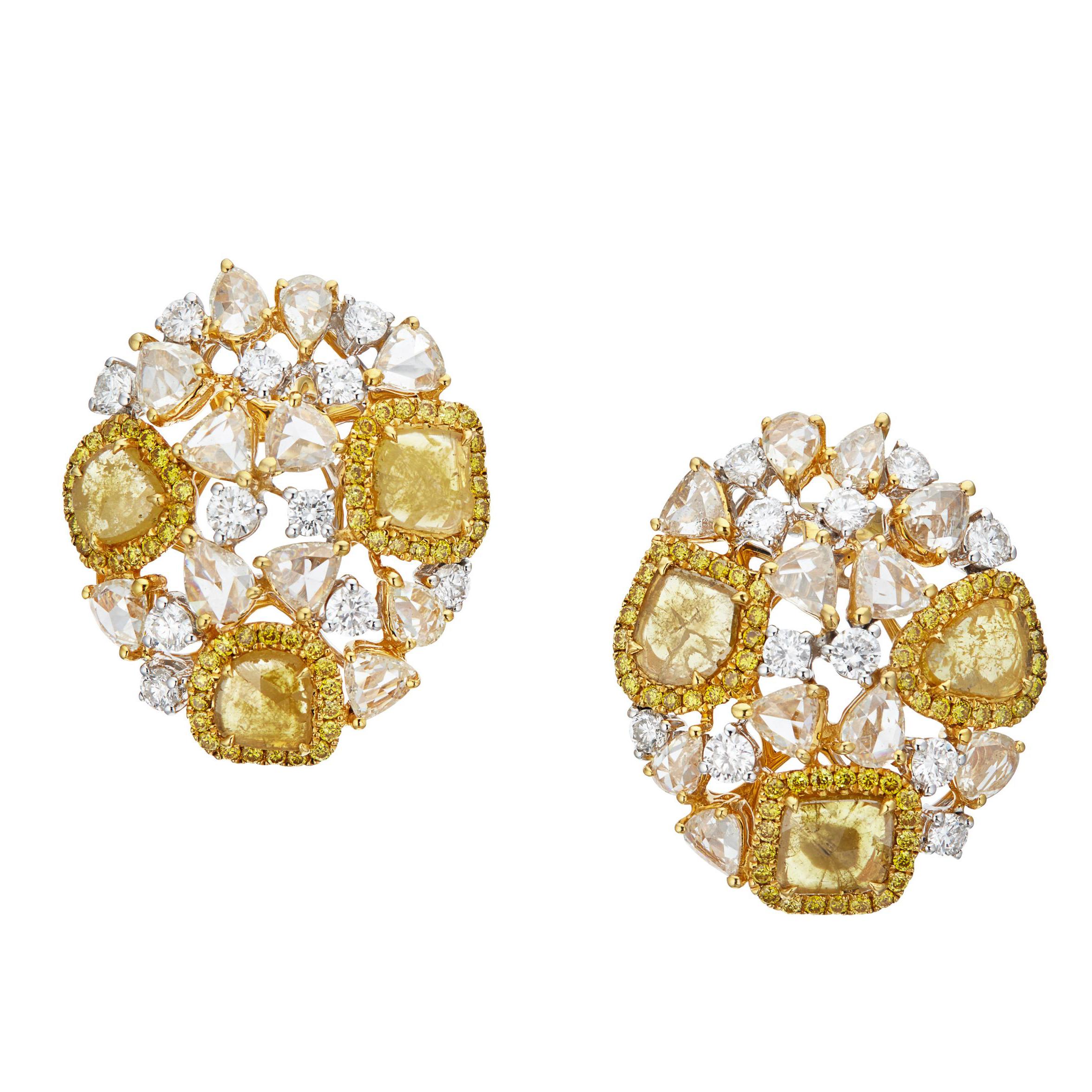 Manpriya B Yellow Slice, Rose-Cut Diamond 18 K Golden Cosmos Clip-On Earrings For Sale