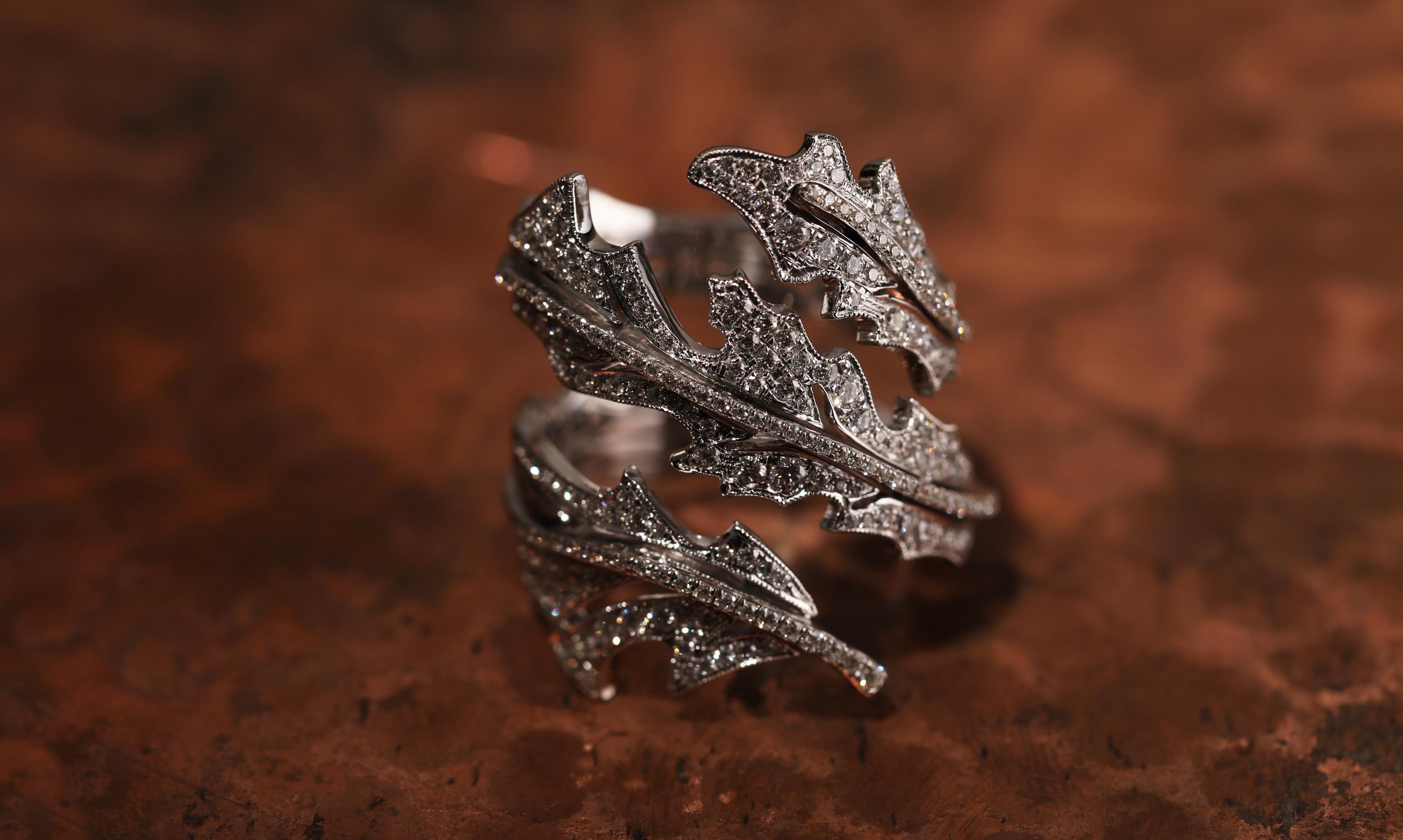 Gross weight of the ring is 14.480 grams 
Gold weight is 14.250 grams 
Diamond weight: 1.14 carats
Ring size: Size 57 / US 8

Can be made to order in different sizes.  Matching earrings available.

Inspired by the elegant curves of foliate patterns,