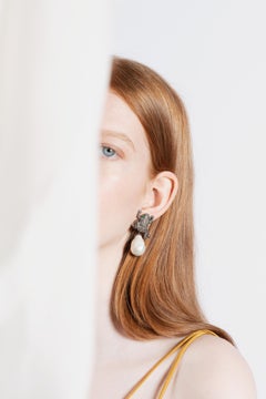 Manpriya B Diamond, Fresh Water Pearl Emerald Frog Dangle Drop Earrings