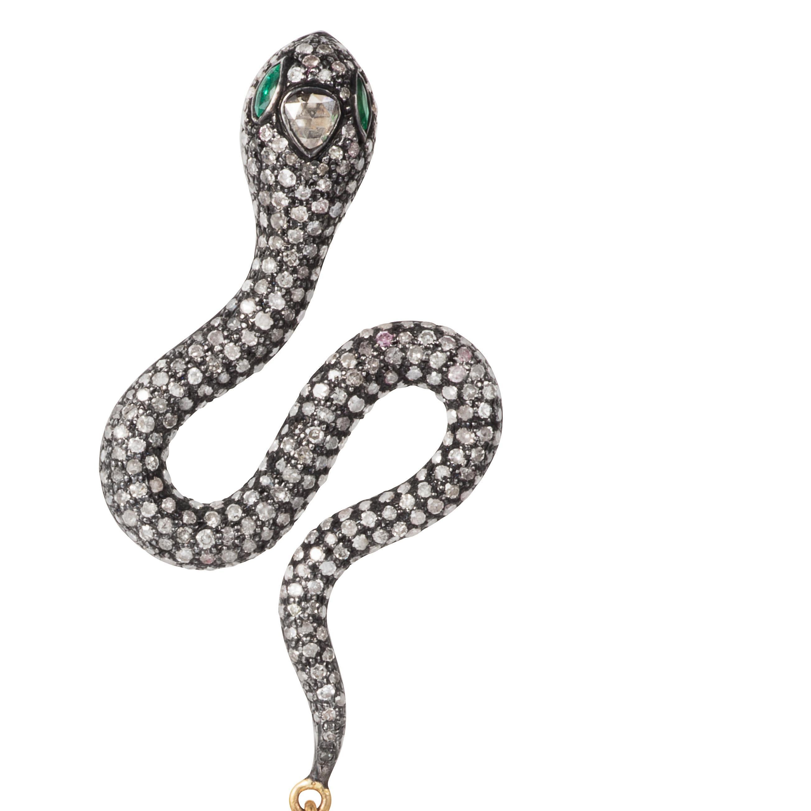Contemporary Manpriya B Diamond, Emerald and Baroque Pearl Serpent Dangling Earrings For Sale