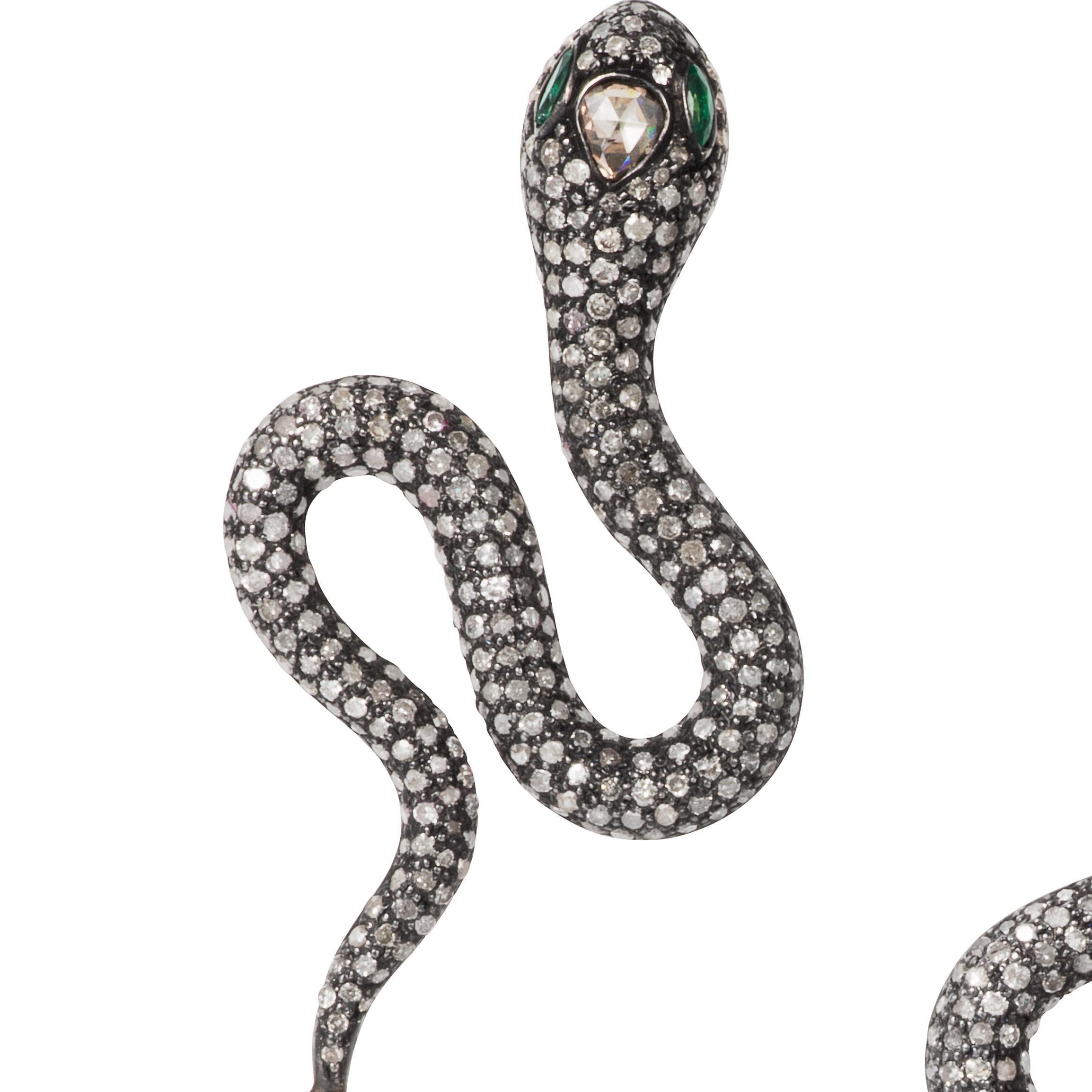 Round Cut Manpriya B Diamond, Emerald and Baroque Pearl Serpent Dangling Earrings For Sale