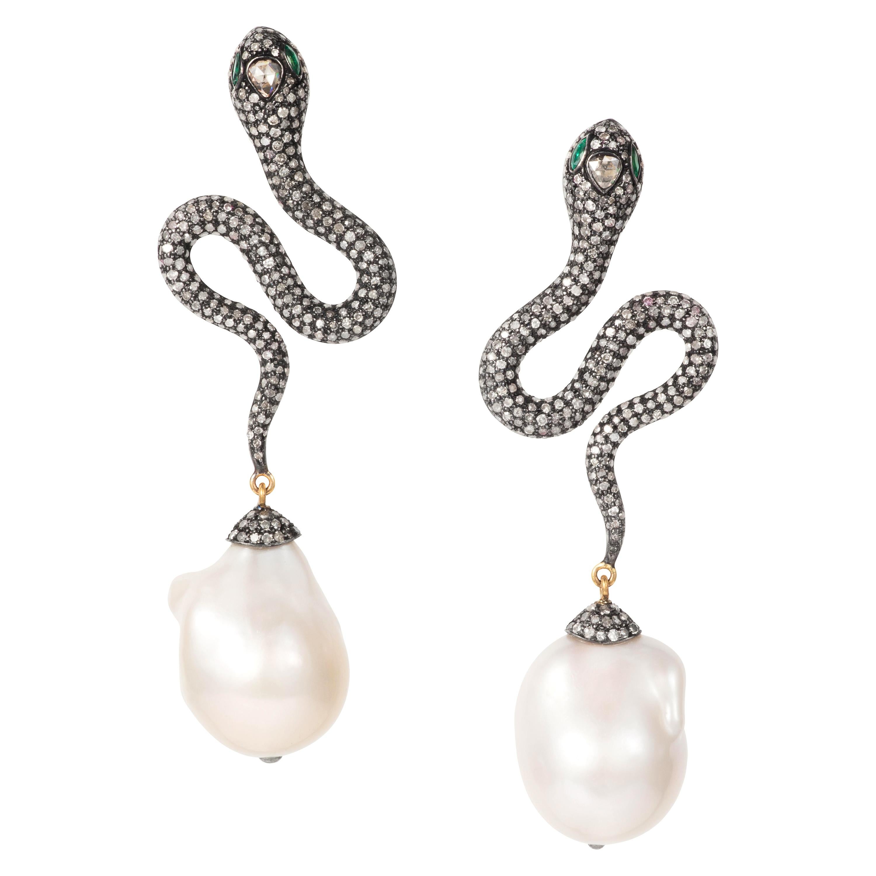 Manpriya B Diamond, Emerald and Baroque Pearl Serpent Dangling Earrings For Sale