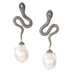 Manpriya B Diamond, Emerald and Baroque Pearl Serpent Dangling Earrings