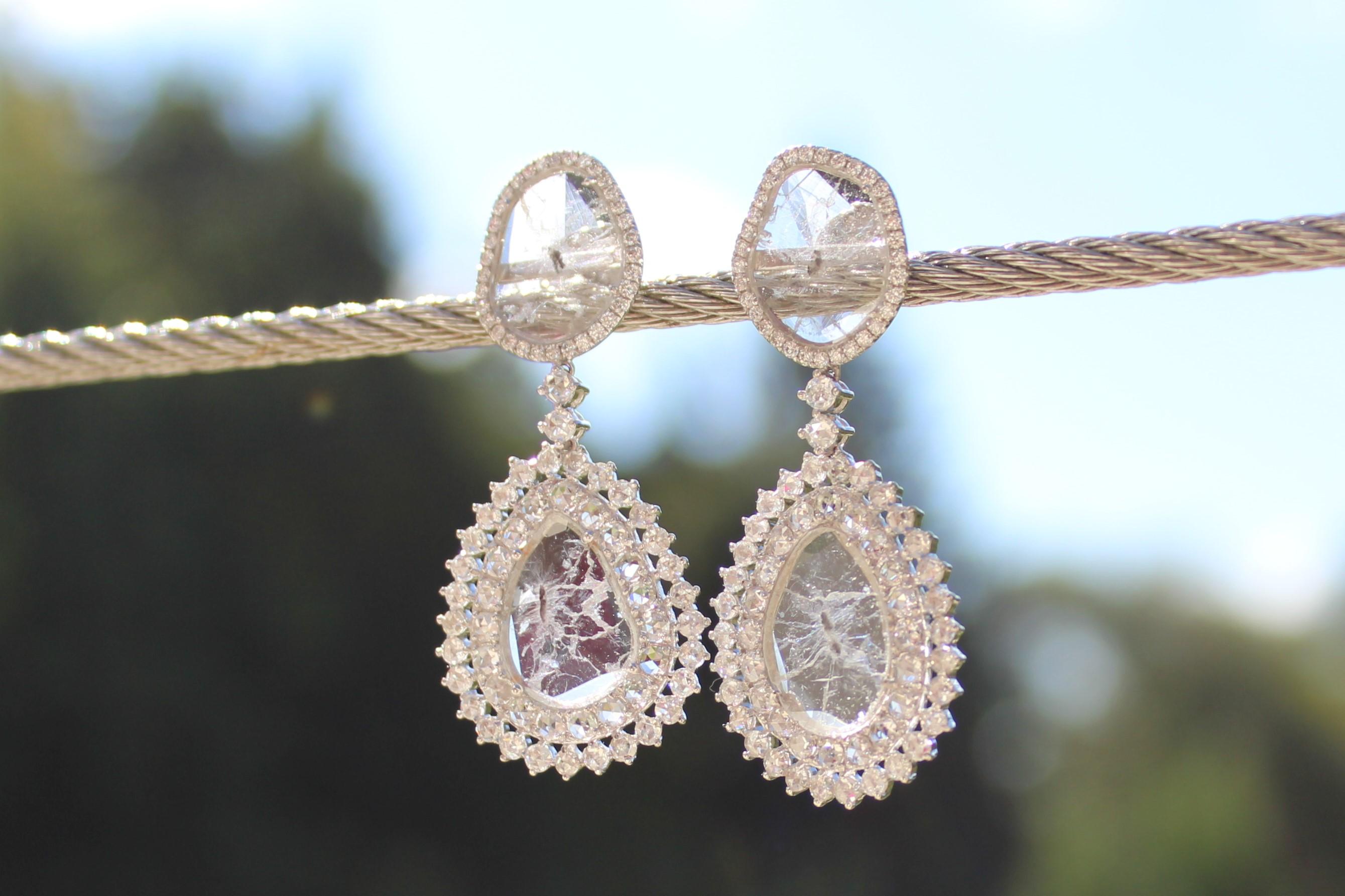 Round Cut Manpriya B Double Slice & Rose Cut Diamond 18K Gold Diva Dangle Drop Earrings  For Sale