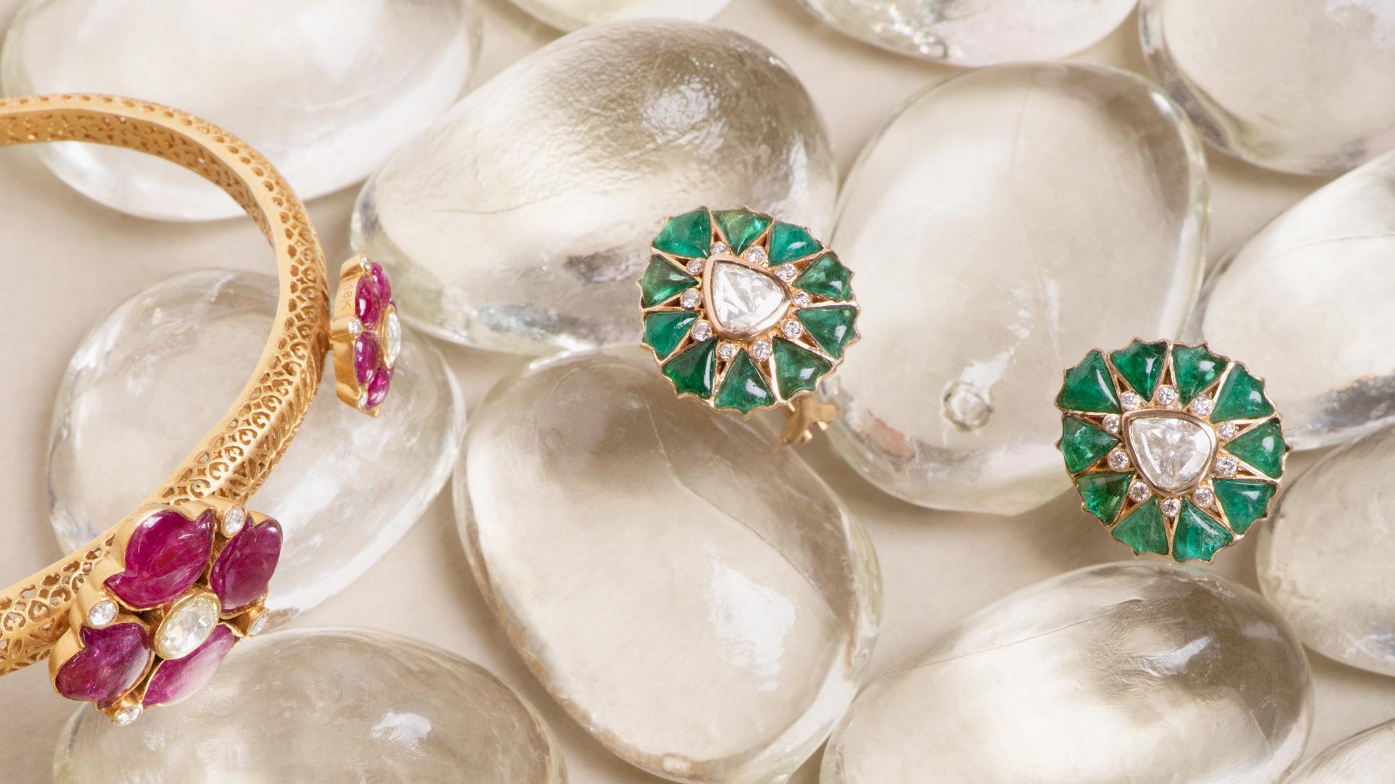 Pear Cut Manpriya B Fancy-cut Emerald and Rose-Cut Diamond Stud Earrings For Sale