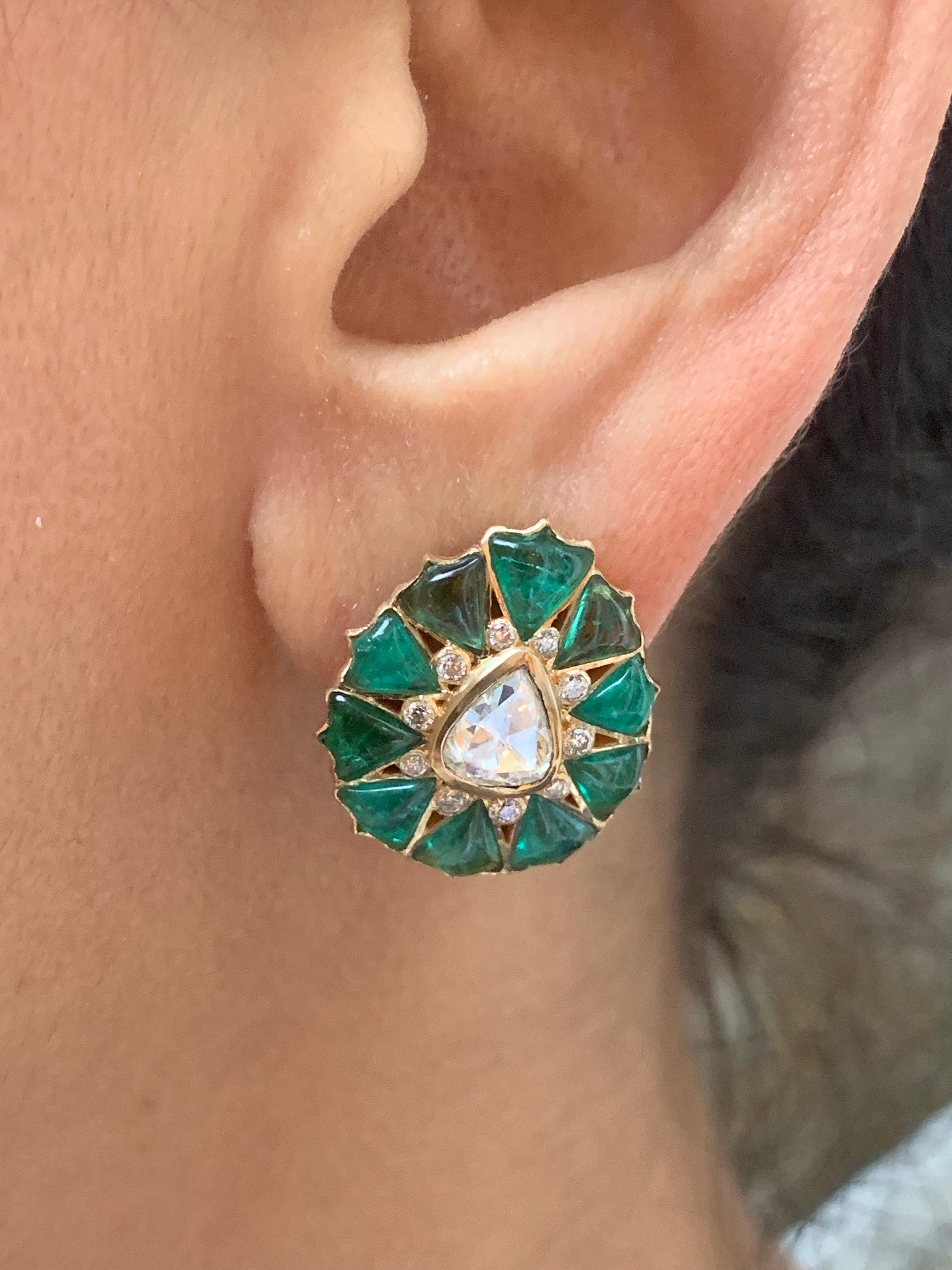 Manpriya B Fancy-cut Emerald and Rose-Cut Diamond Stud Earrings For Sale 3