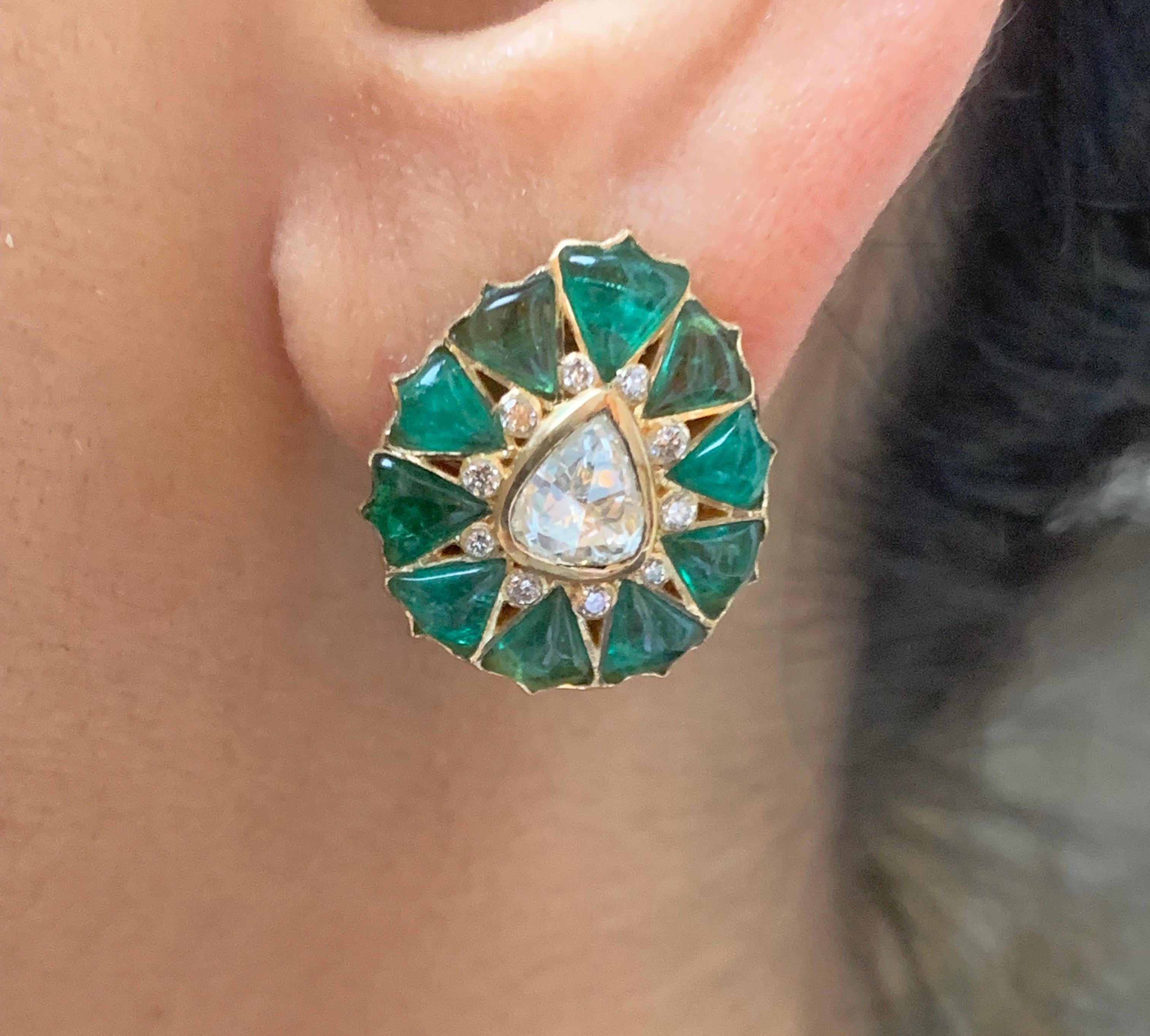Manpriya B Fancy-cut Emerald and Rose-Cut Diamond Stud Earrings For Sale 1
