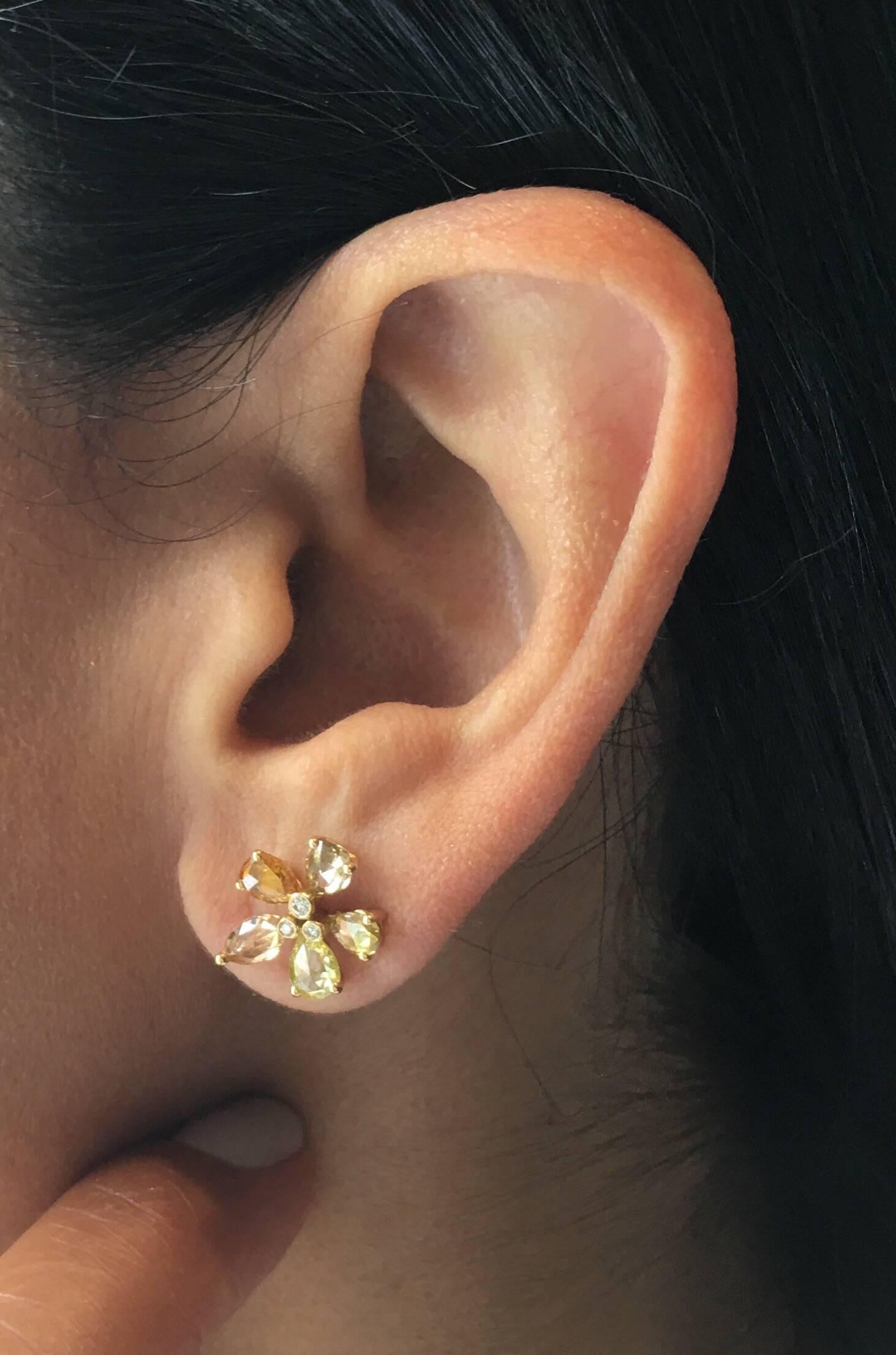 Manpriya B Gold Pear Marquise Rose Cut Coloured Diamond Flower Stud Earrings  For Sale 4