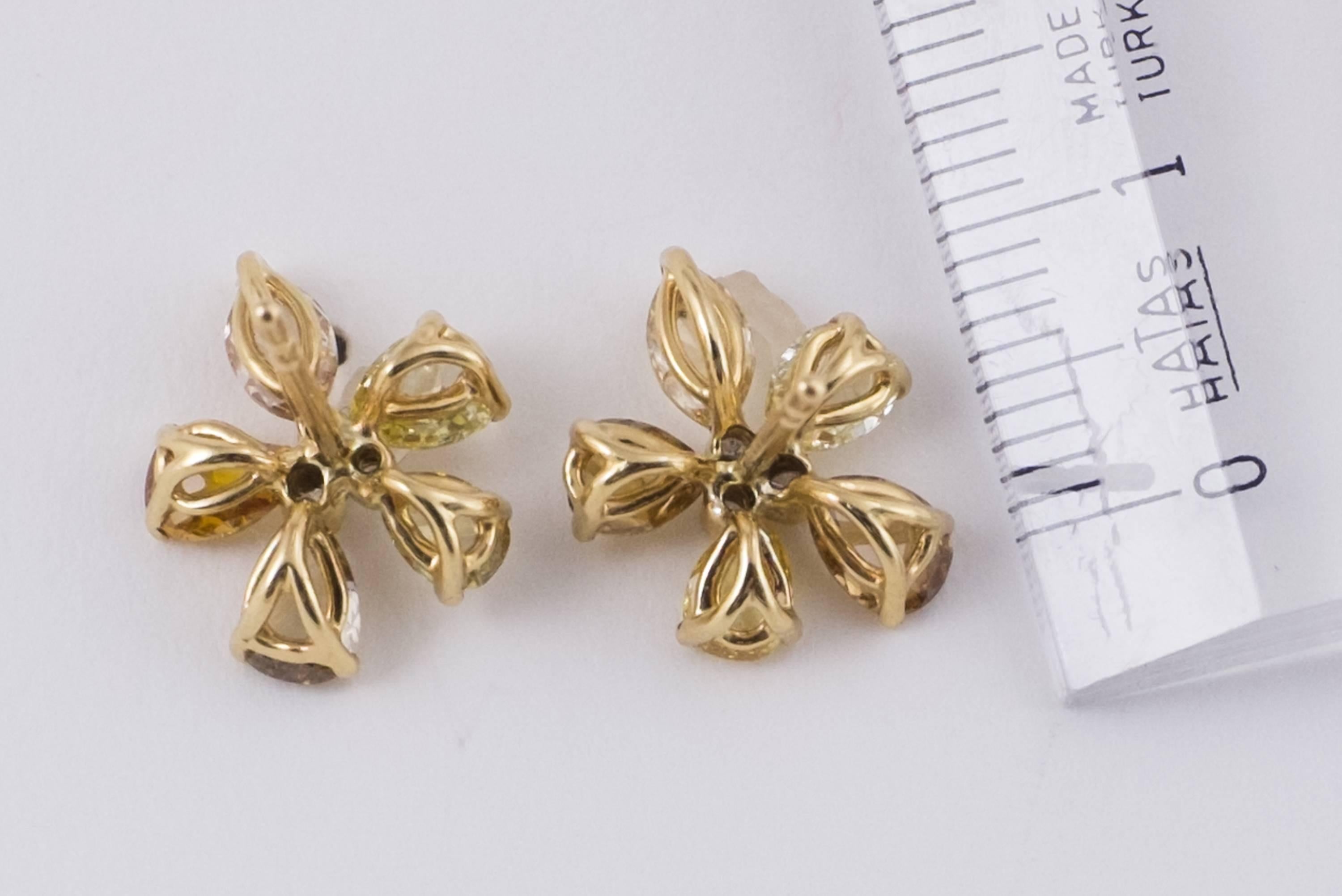 Pear Cut Manpriya B Gold Pear Marquise Rose Cut Coloured Diamond Flower Stud Earrings  For Sale