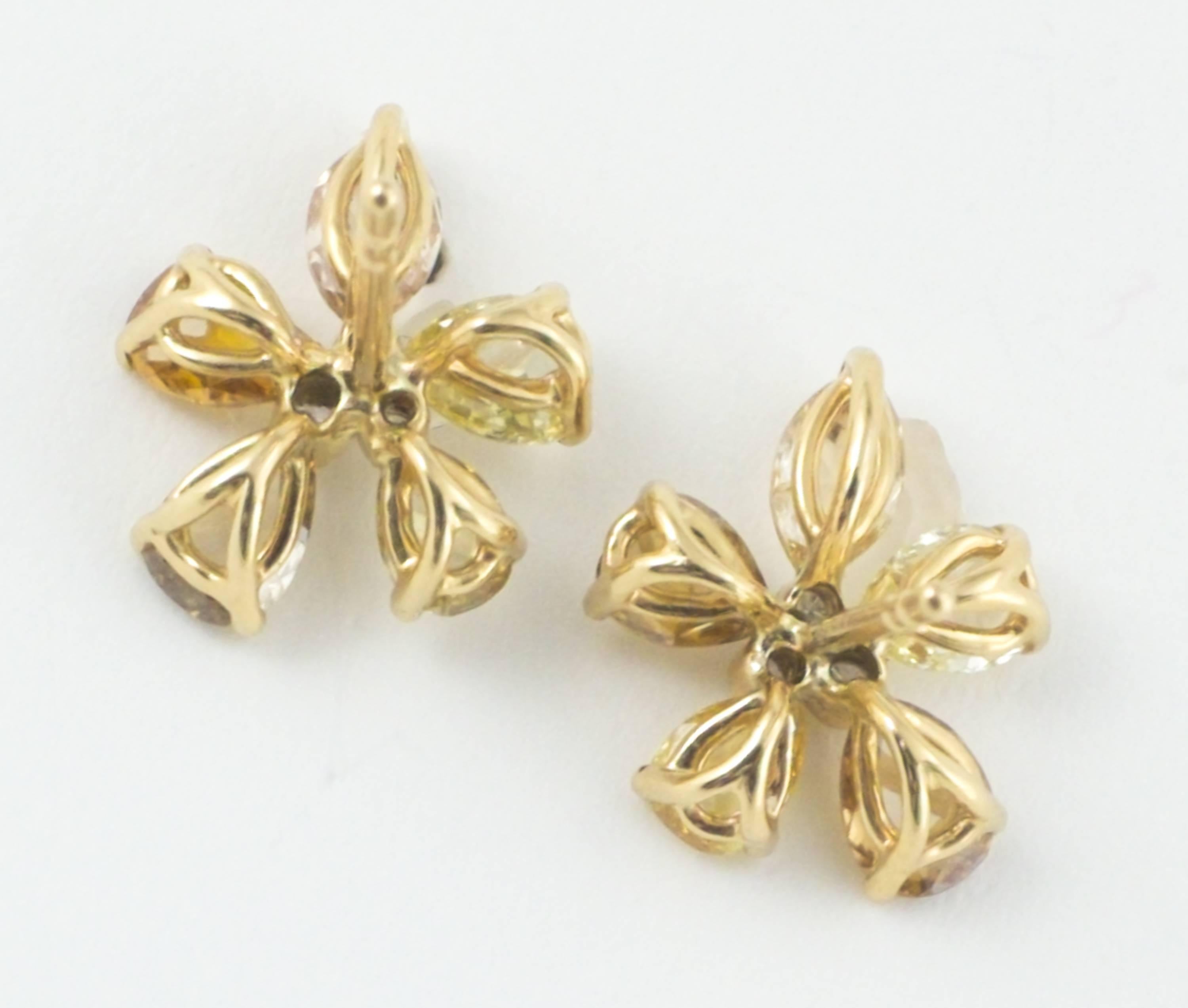 Manpriya B Gold Pear Marquise Rose Cut Coloured Diamond Flower Stud Earrings  In New Condition For Sale In London, GB