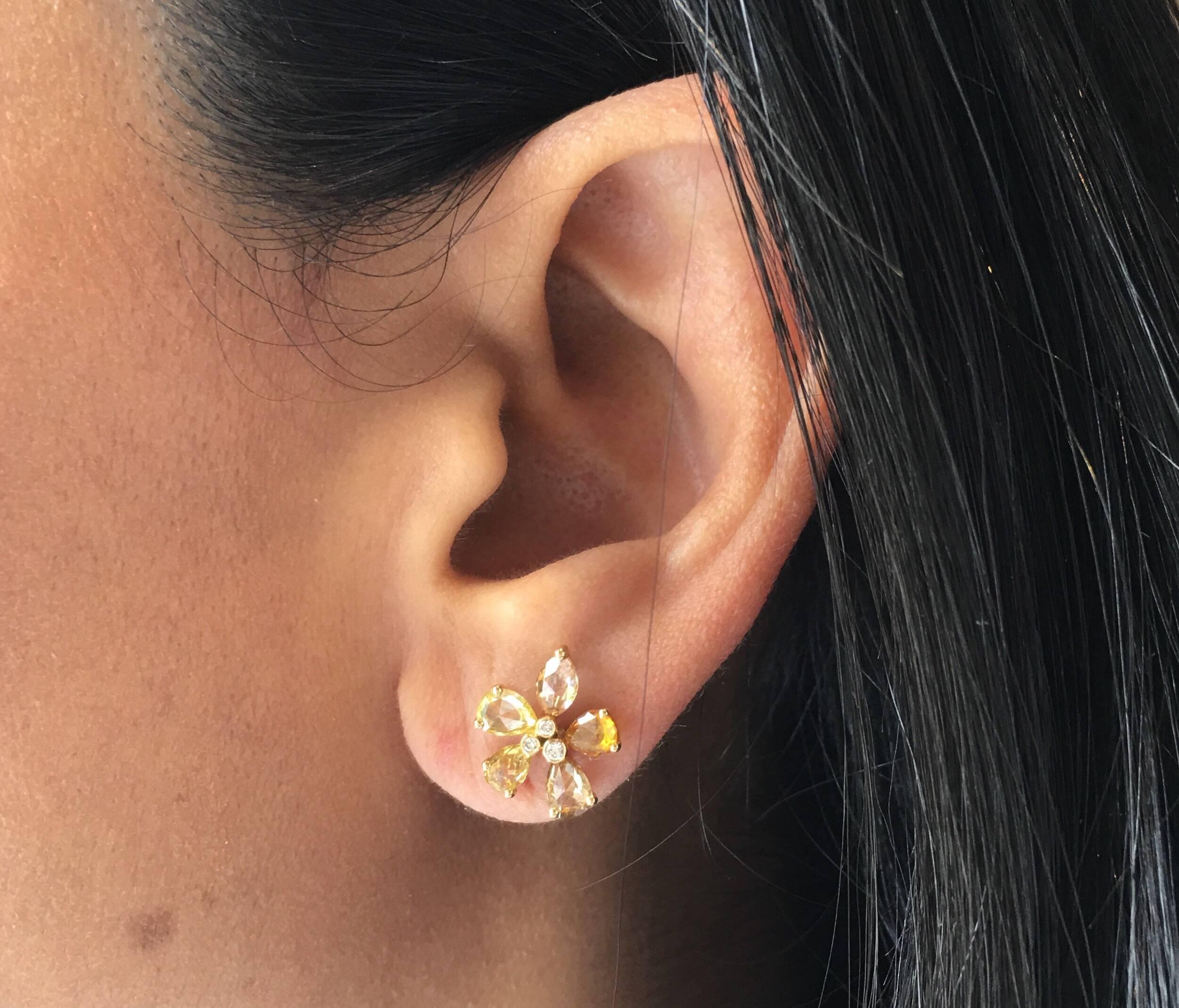 Women's or Men's Manpriya B Gold Pear Marquise Rose Cut Coloured Diamond Flower Stud Earrings  For Sale