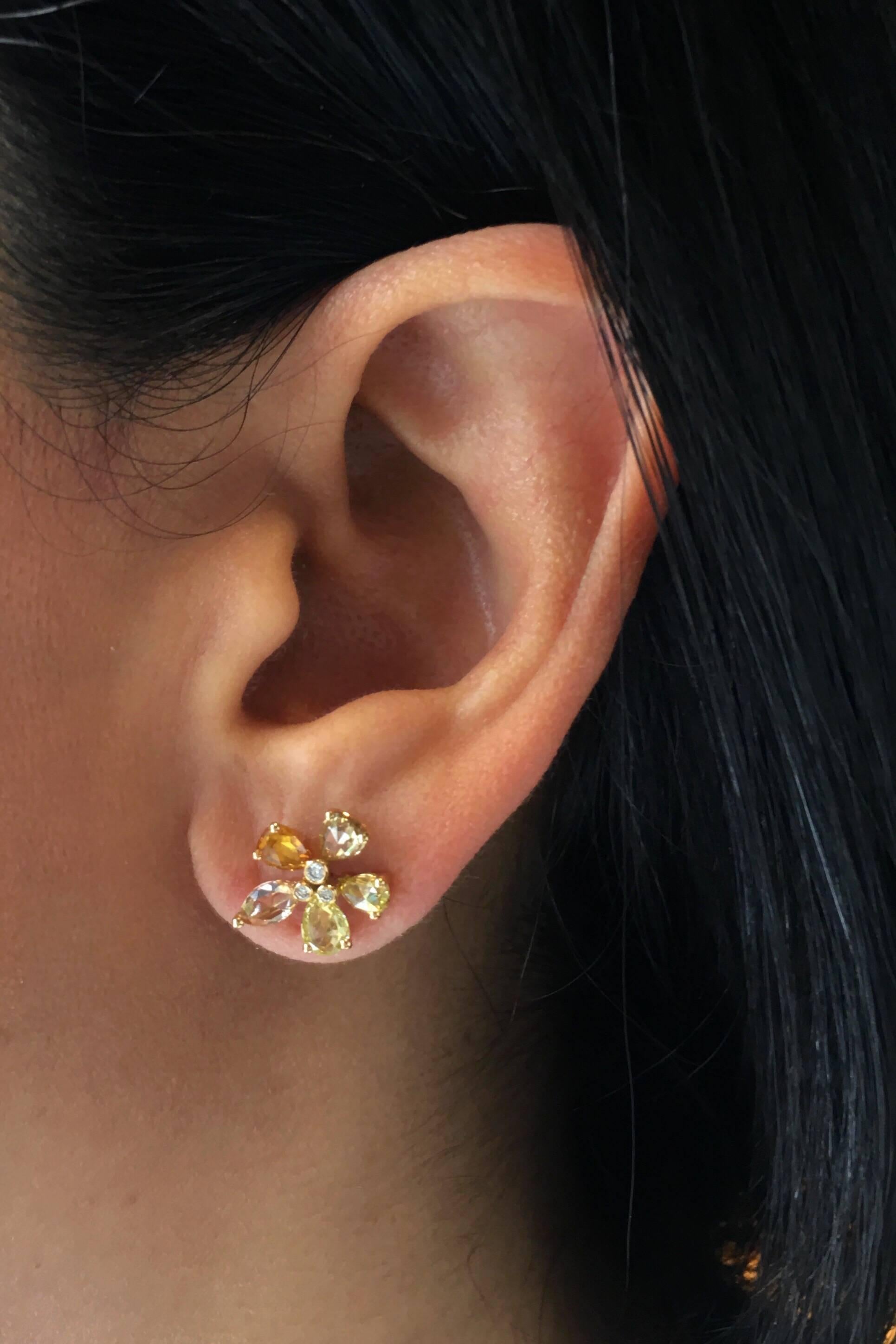 Manpriya B Gold Pear Marquise Rose Cut Coloured Diamond Flower Stud Earrings  For Sale 1