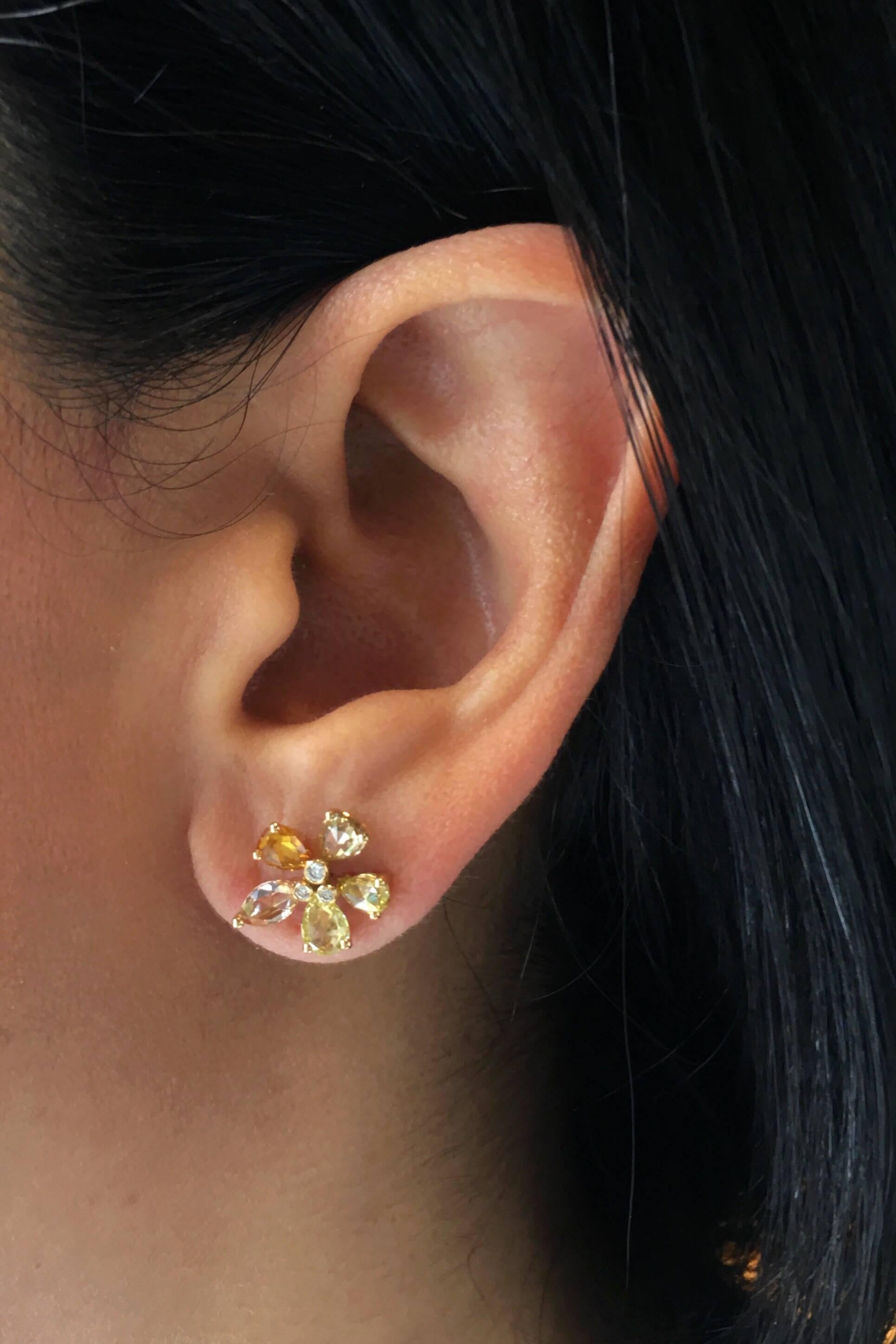 Manpriya B Gold Pear Marquise Rose Cut Coloured Diamond Flower Stud Earrings  For Sale 2