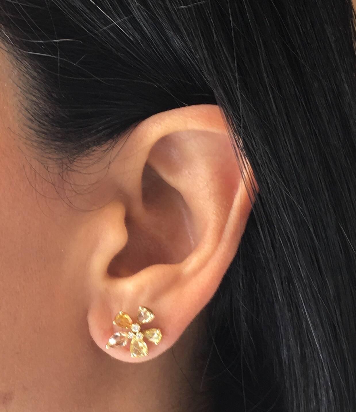 Manpriya B Gold Pear Marquise Rose Cut Coloured Diamond Flower Stud Earrings  For Sale 3