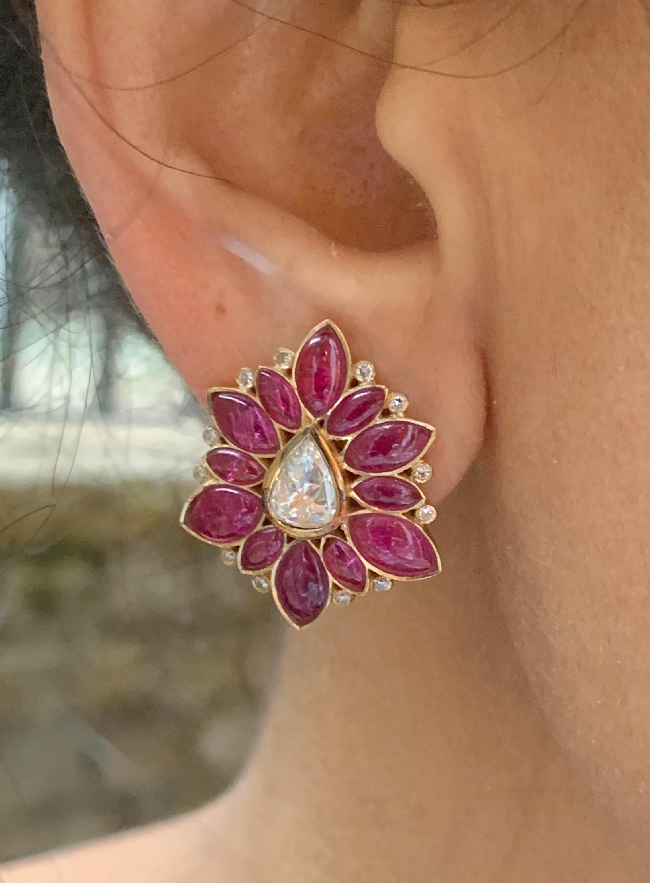 Manpriya B Marquise Ruby and Rose-Cut Diamond 18 Karat Gold Stud Earrings  For Sale 1
