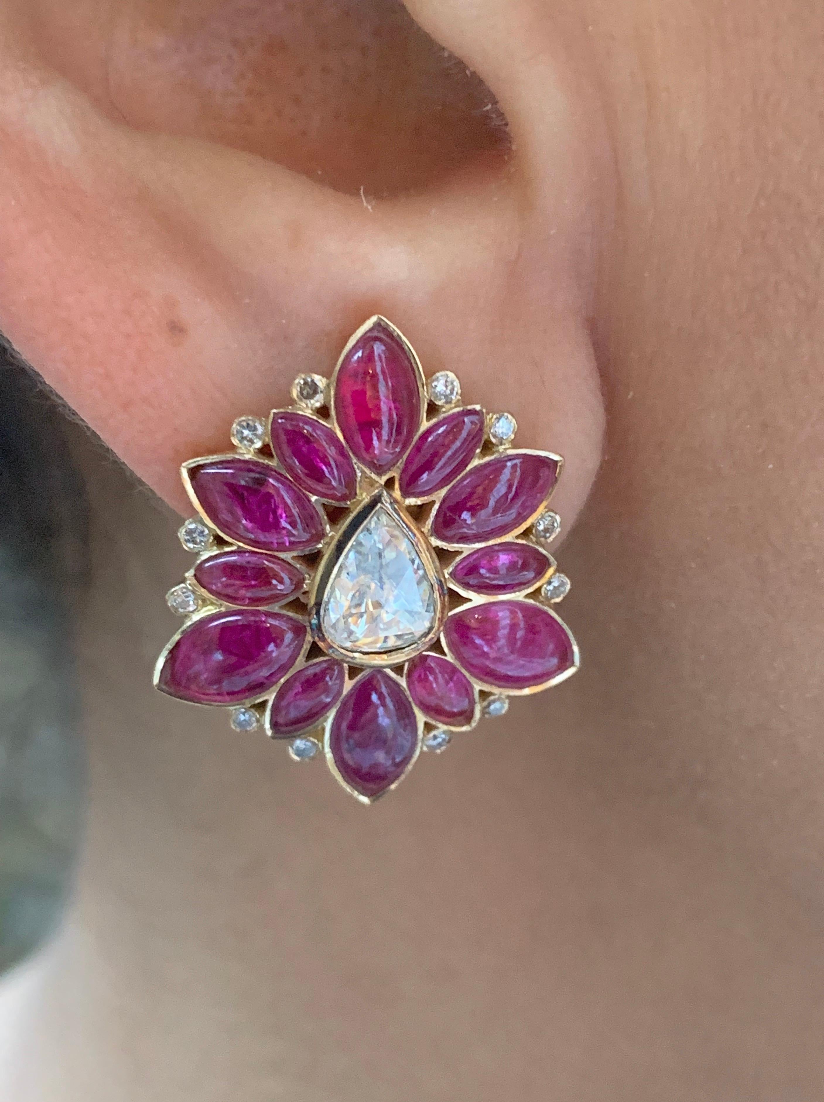 Manpriya B Marquise Ruby and Rose-Cut Diamond 18 Karat Gold Stud Earrings  For Sale 2