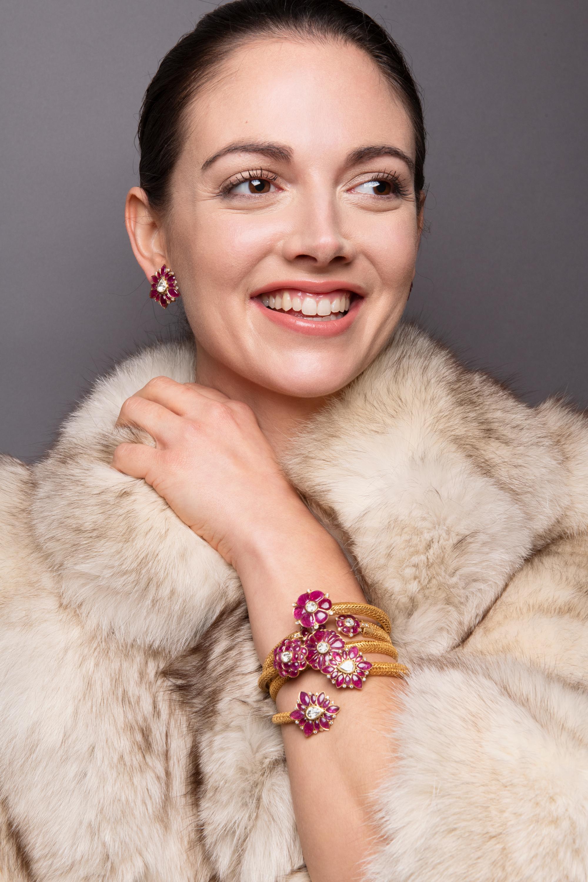 Marquise Cut Manpriya B Marquise Ruby and Rose-Cut Diamond 18 Karat Gold Stud Earrings  For Sale