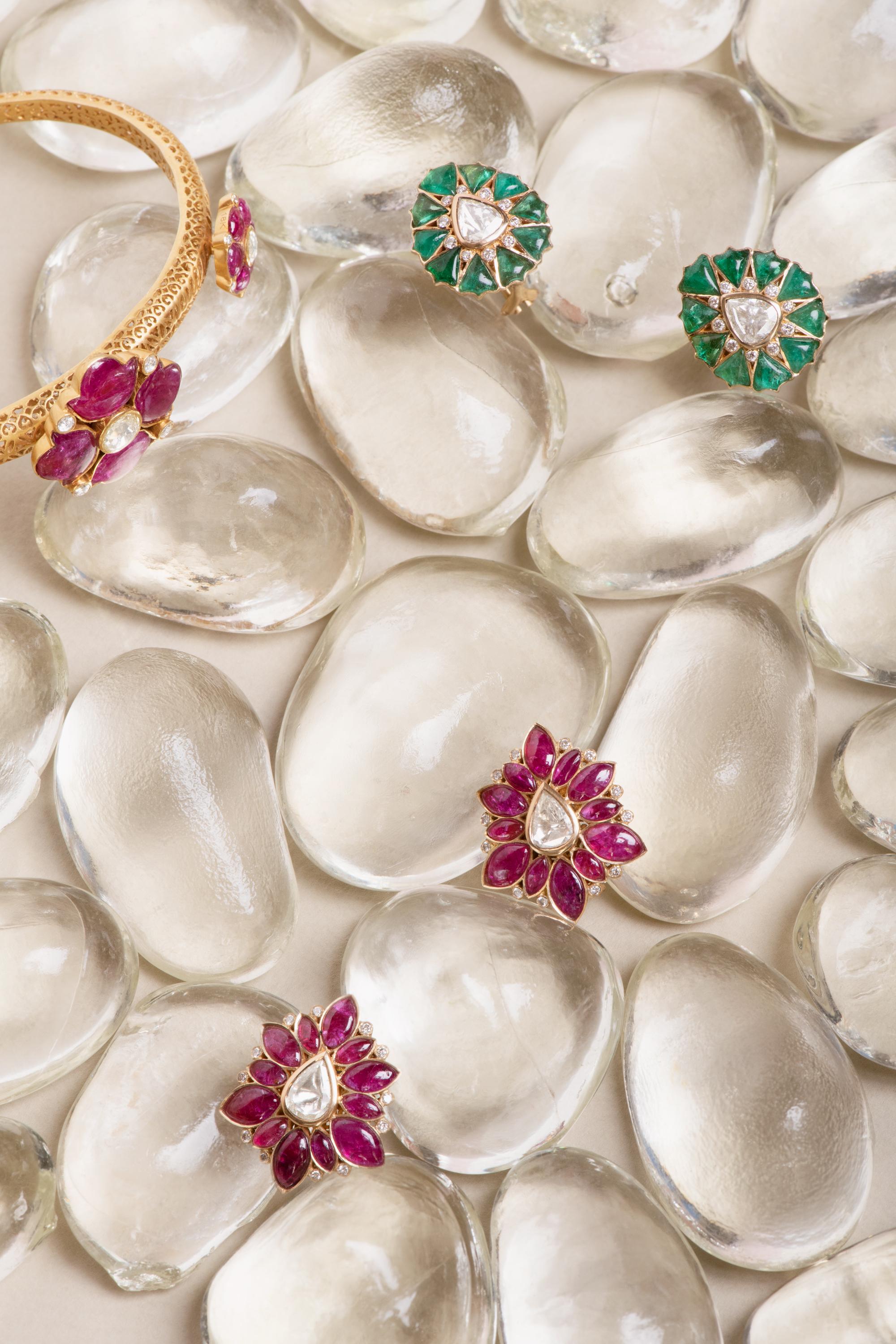 Women's or Men's Manpriya B Marquise Ruby and Rose-Cut Diamond 18 Karat Gold Stud Earrings  For Sale