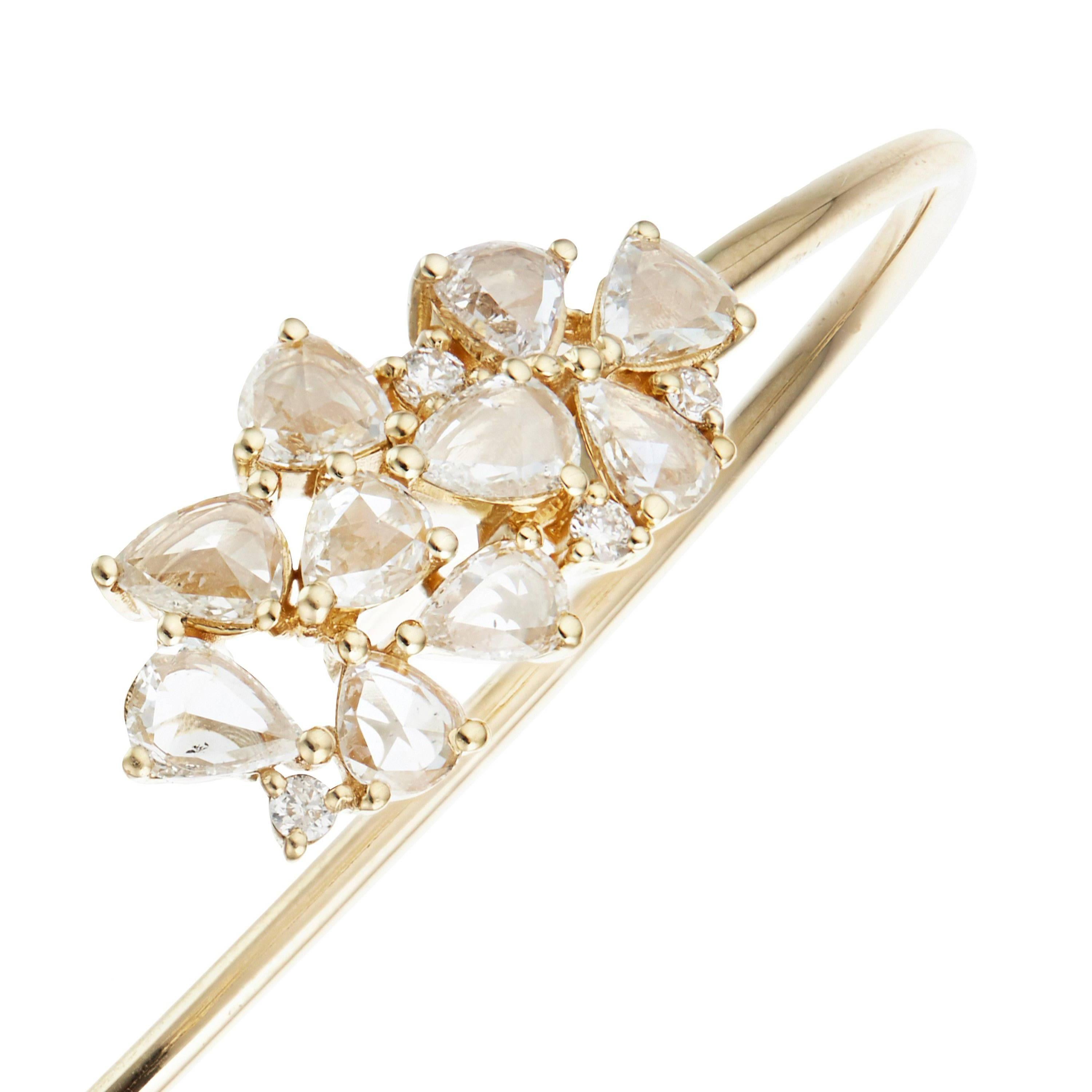 Manpriya B Pear Rose Cut & White Diamond 18K Gold Cluster Bangle Bracelet  For Sale 3