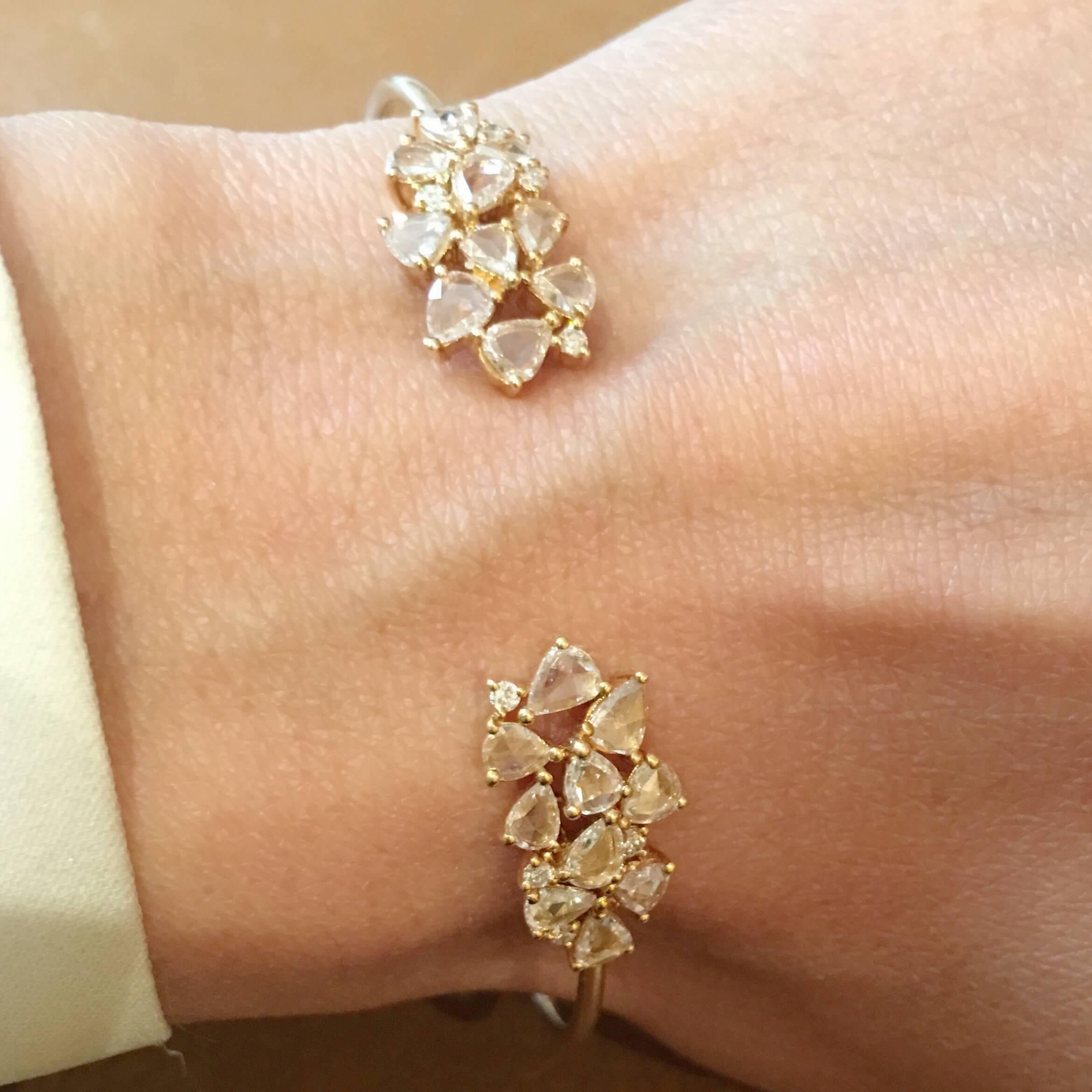 Manpriya B Pear Rose Cut & White Diamond 18K Gold Cluster Bangle Bracelet  For Sale 5