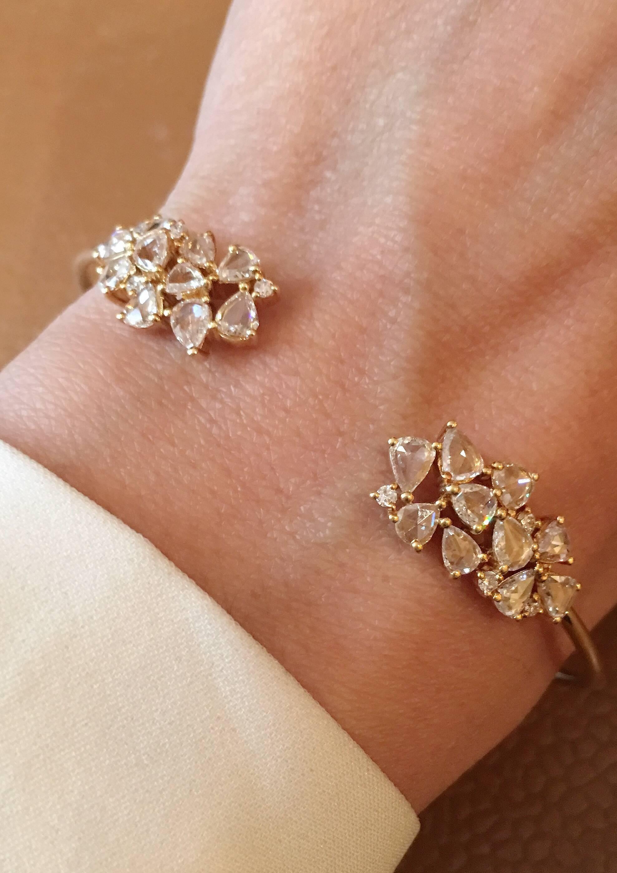 Manpriya B Pear Rose Cut & White Diamond 18K Gold Cluster Bangle Bracelet  For Sale 7