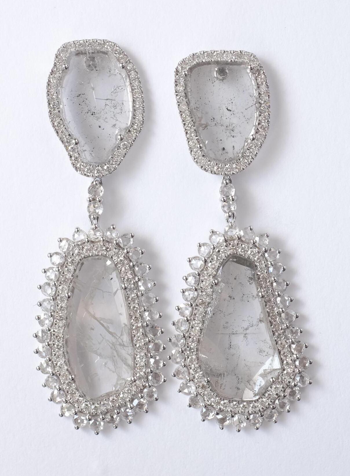 Modern Manpriya B Rose Cut and Slice Diamond 18k White Gold Diva Drop Earrings 