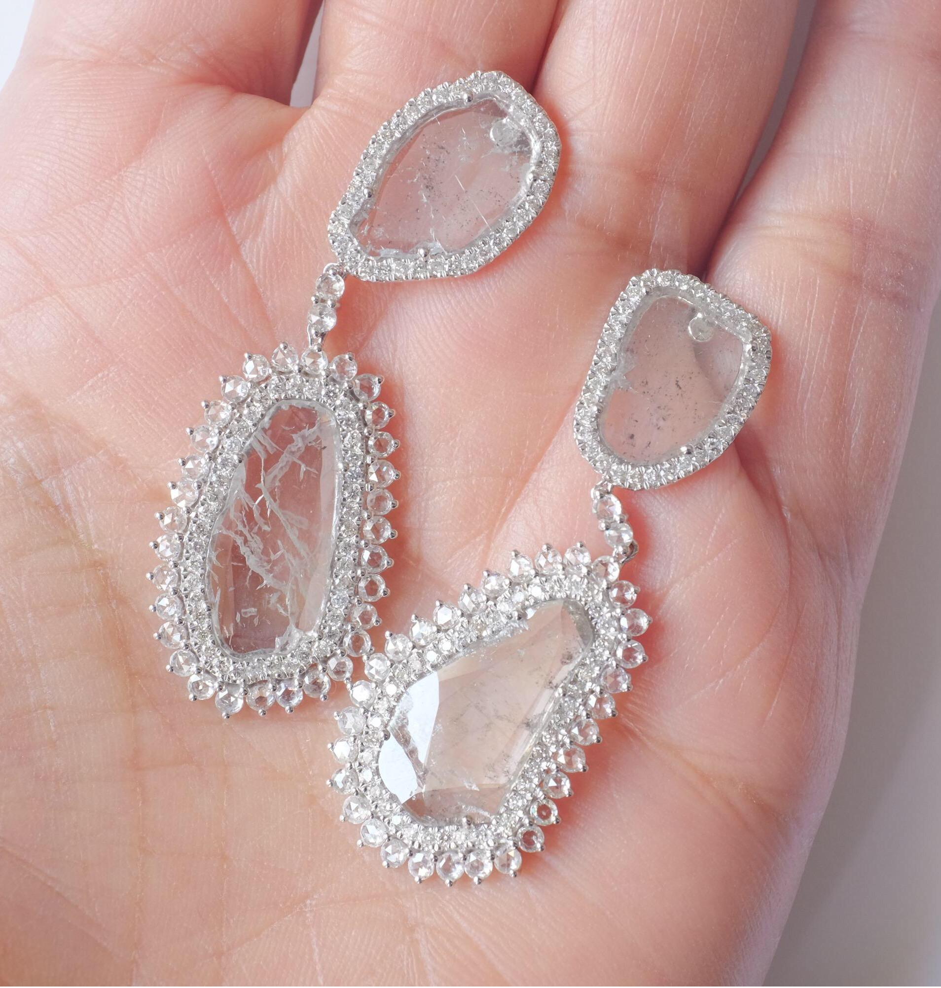 Women's or Men's Manpriya B Rose Cut and Slice Diamond 18k White Gold Diva Drop Earrings 