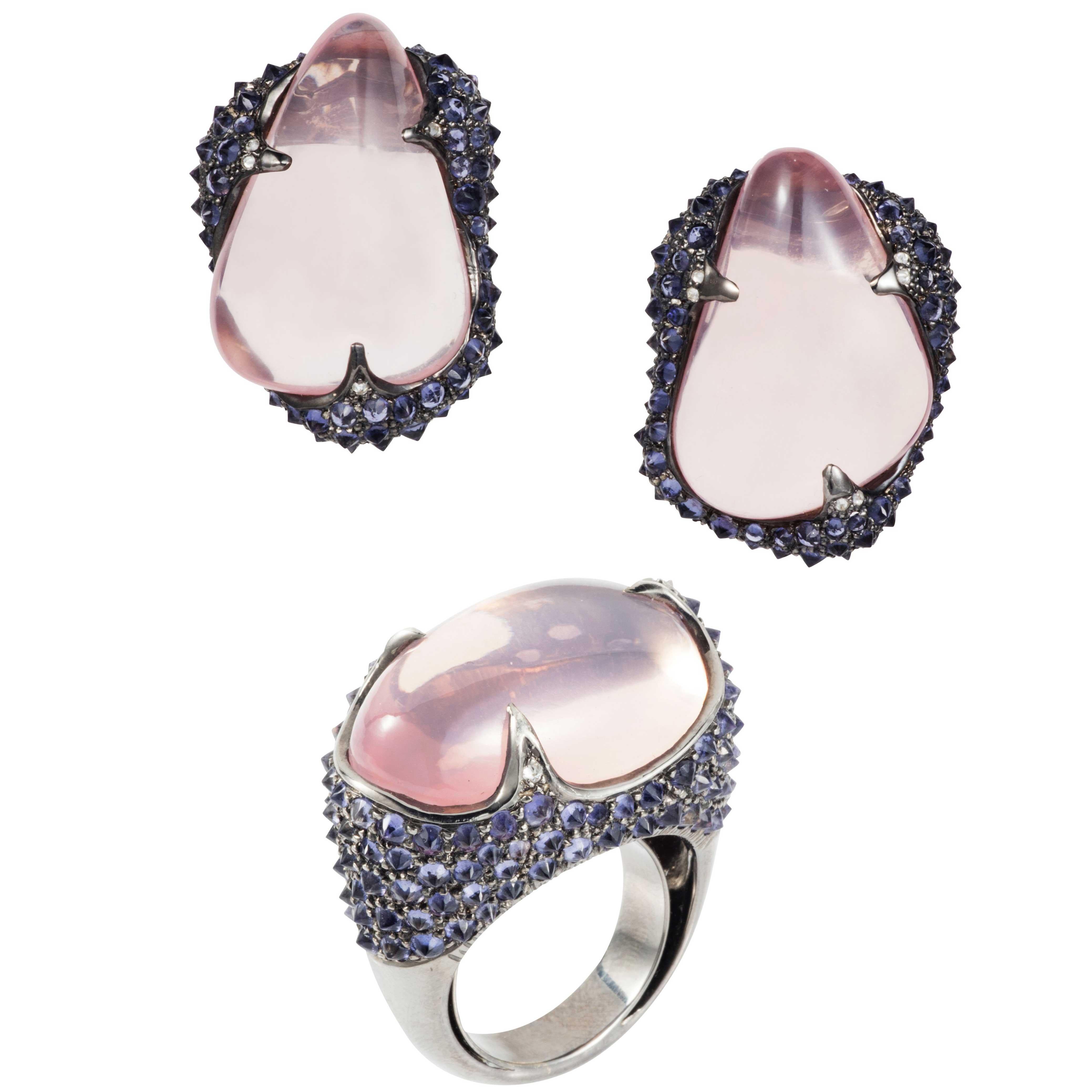 Manpriya B Rose Quartz Tumble, Iolite and Diamond Glam Rocks Earrings and Ring  For Sale