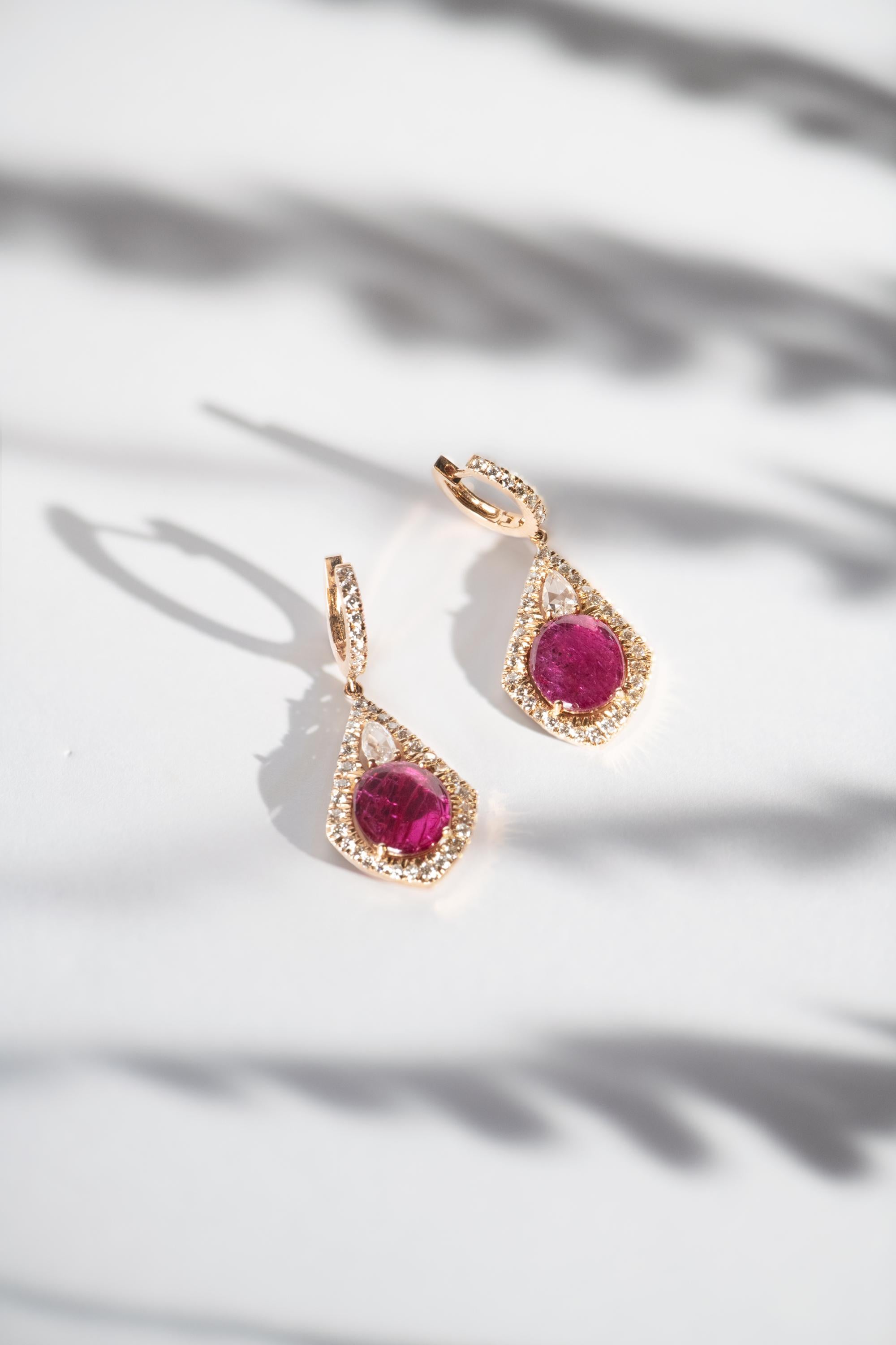 Modern Manpriya B Ruby and Rose Cut Diamond 18K Yellow Gold Dangle Drop Earrings  For Sale