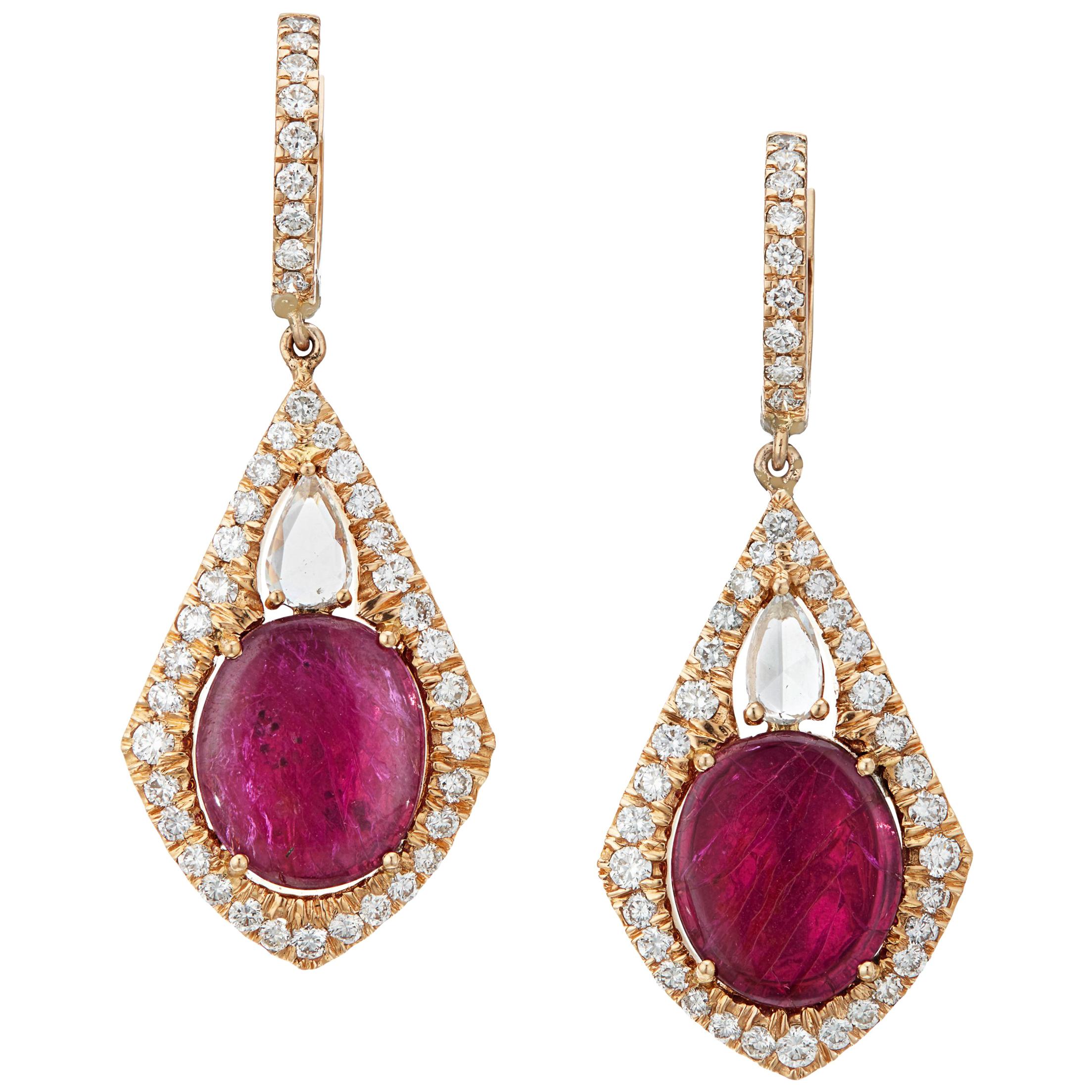 Manpriya B Ruby and Rose Cut Diamond 18K Yellow Gold Dangle Drop Earrings  For Sale