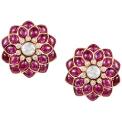 Manpriya B Ruby Cabochon and Rose-Cut Diamond 18 Karat Gold Stud Earrings