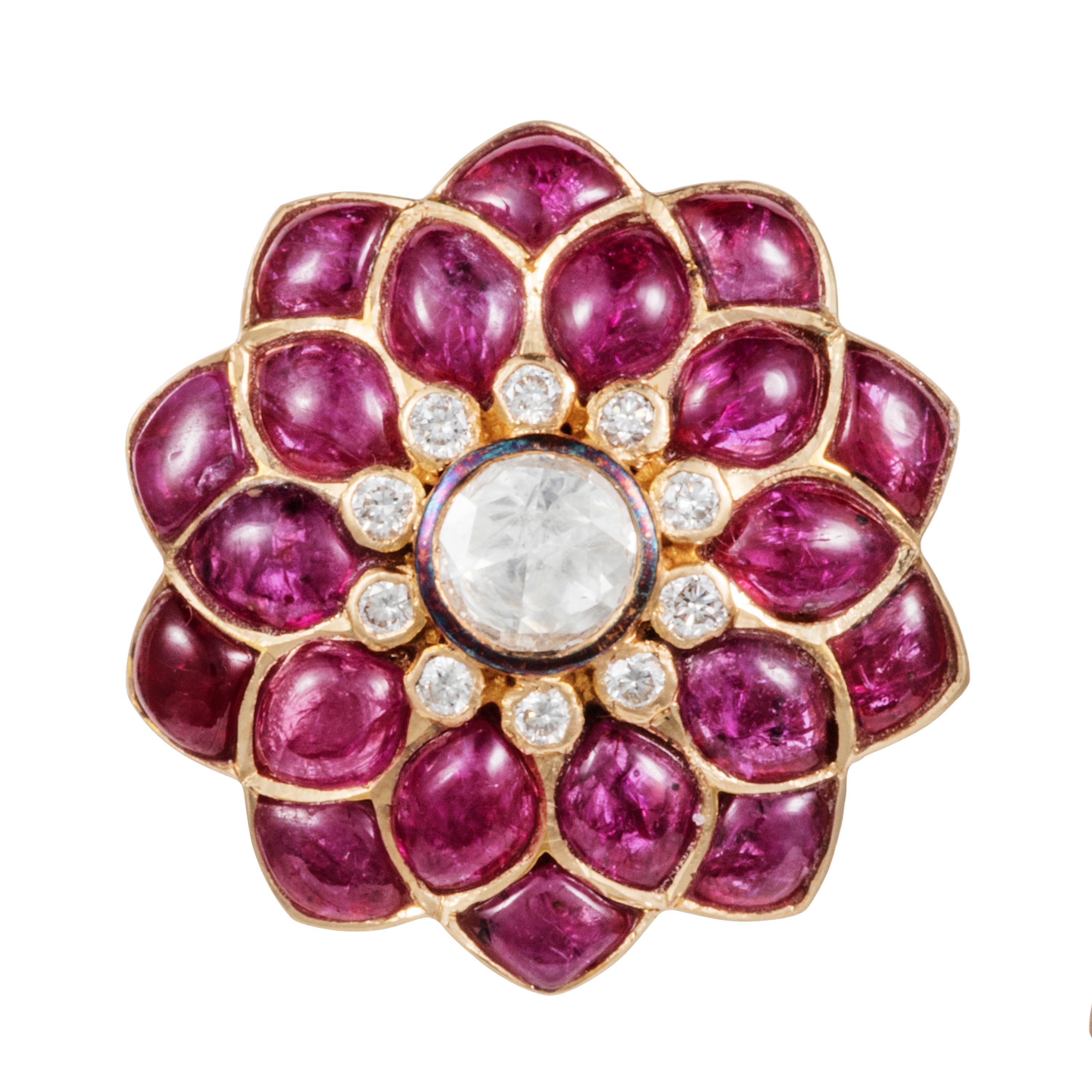 Manpriya B Ruby Cabochon and Rose-Cut Diamond 18 Karat Gold Stud Earrings In New Condition For Sale In London, GB