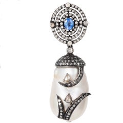 Manpriya B Blue Sapphire Diamond Pearl Leaf Drop Earrings