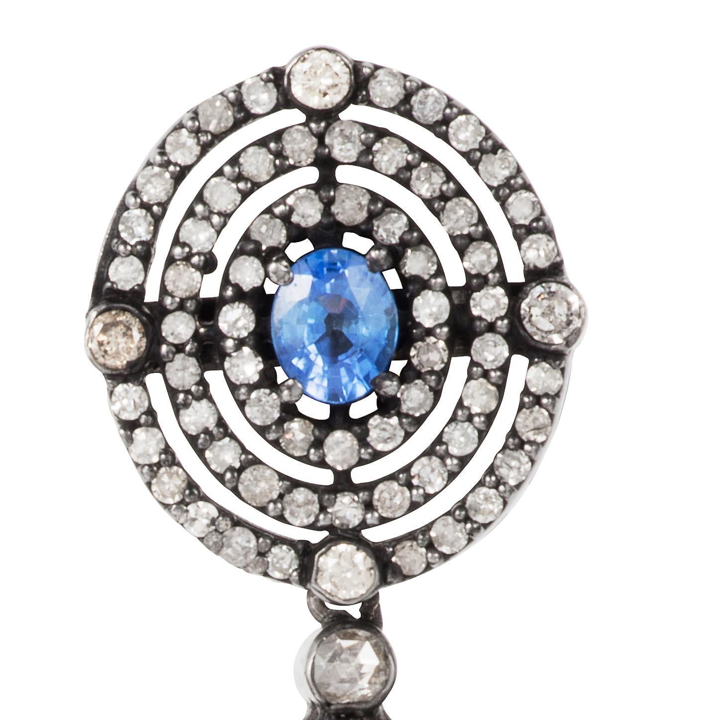 Contemporary Manpriya B Blue Sapphire Diamond Pearl Leaf Drop Earrings For Sale