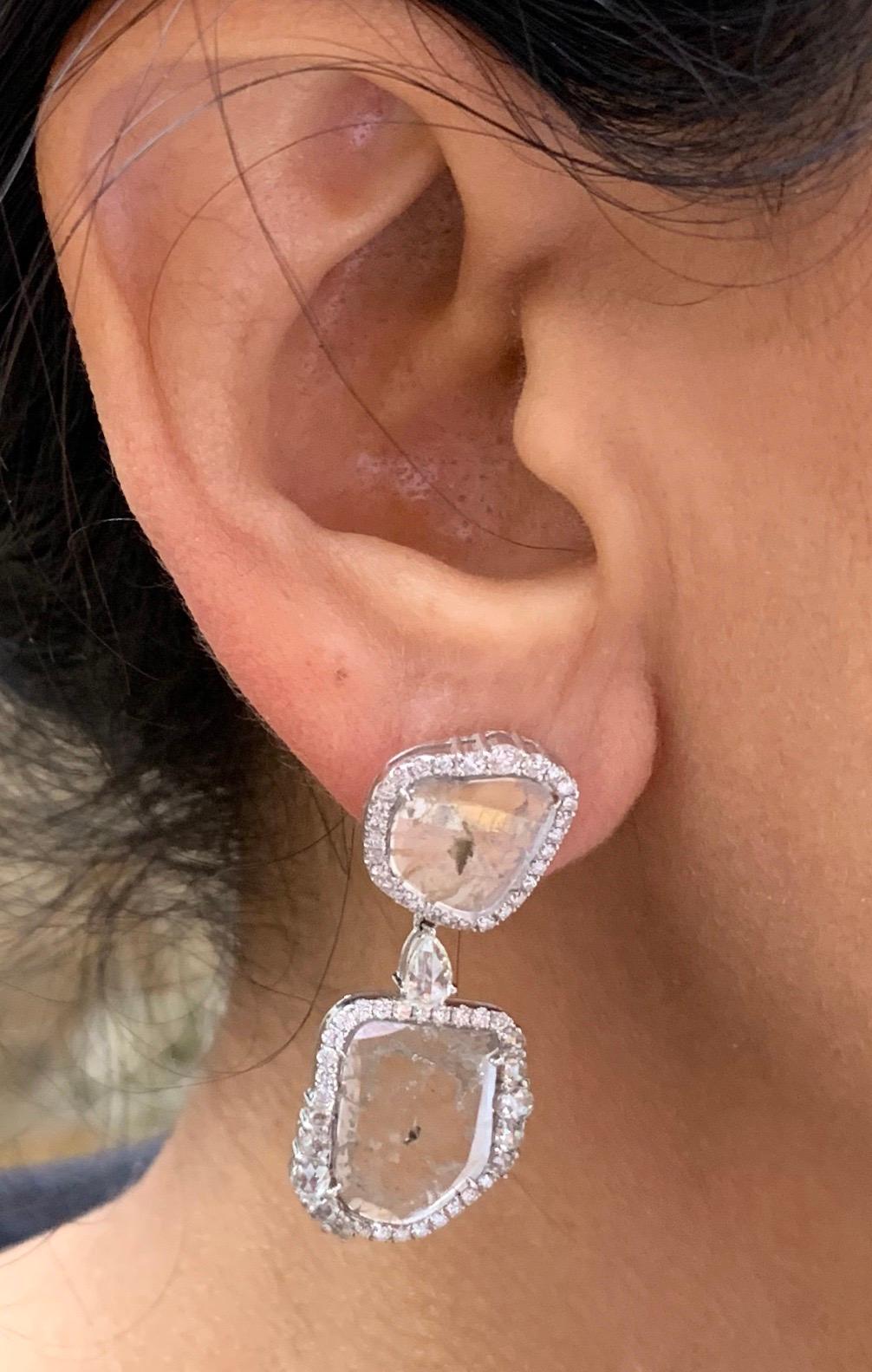 Manpriya B Double Slice and Rose Cut Diamond 18K White Gold Drop Dangle Earrings For Sale 3