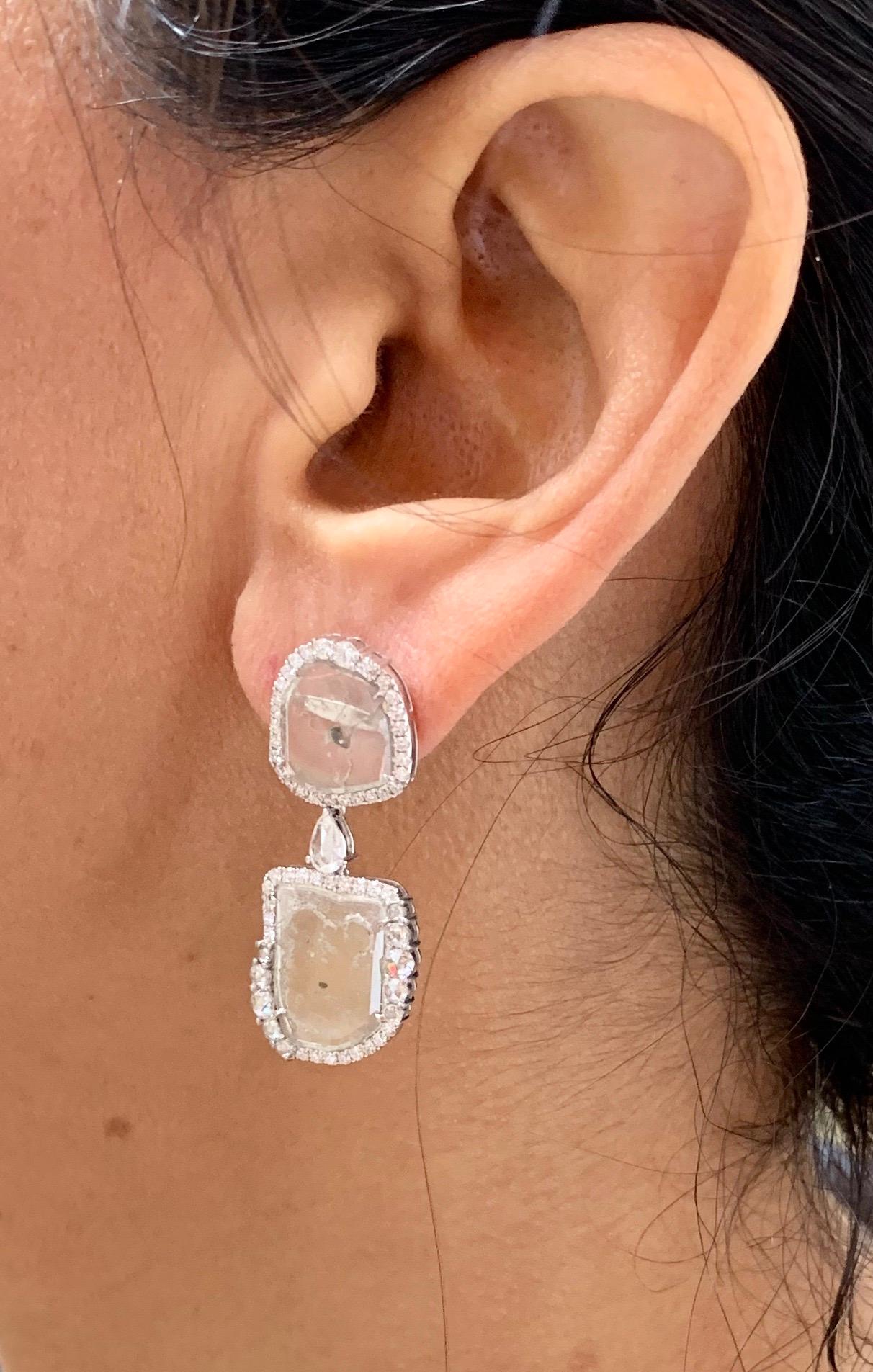 Manpriya B Double Slice and Rose Cut Diamond 18K White Gold Drop Dangle Earrings For Sale 2