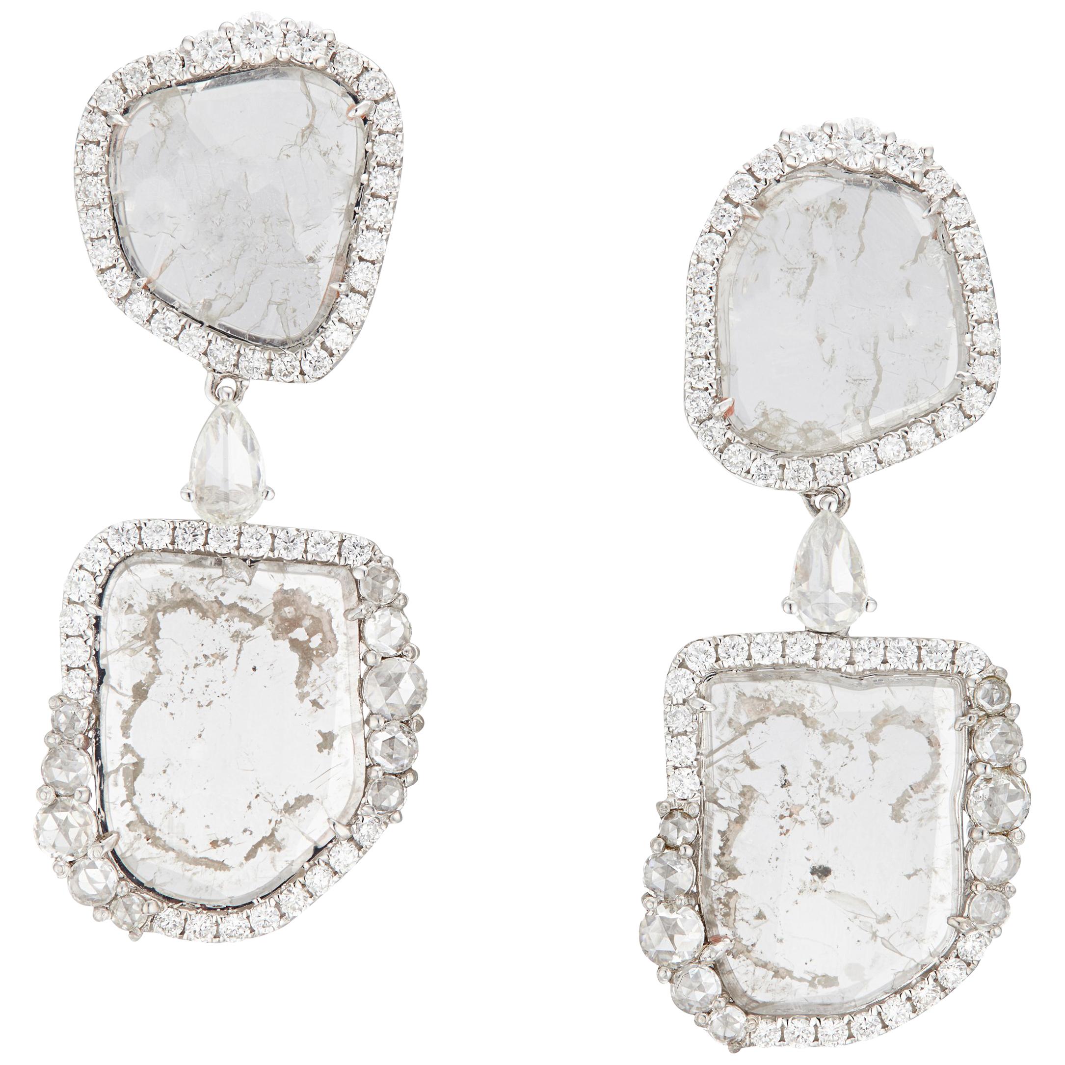 Manpriya B Double Slice and Rose Cut Diamond 18K White Gold Drop Dangle Earrings For Sale