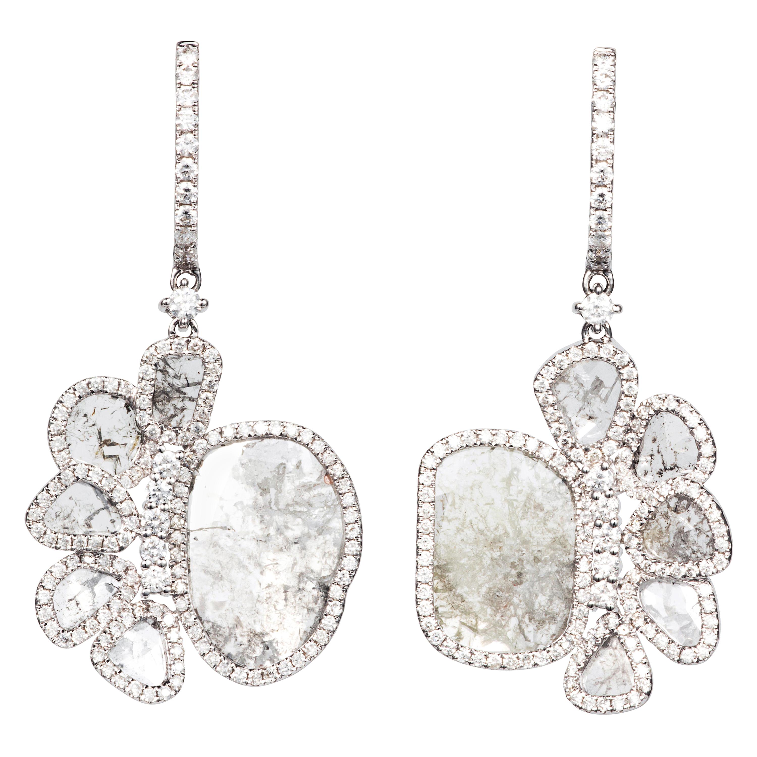 Manpriya B Slice Diamond Flower Petal 18 Karat White Gold Dangle Drop Earrings For Sale