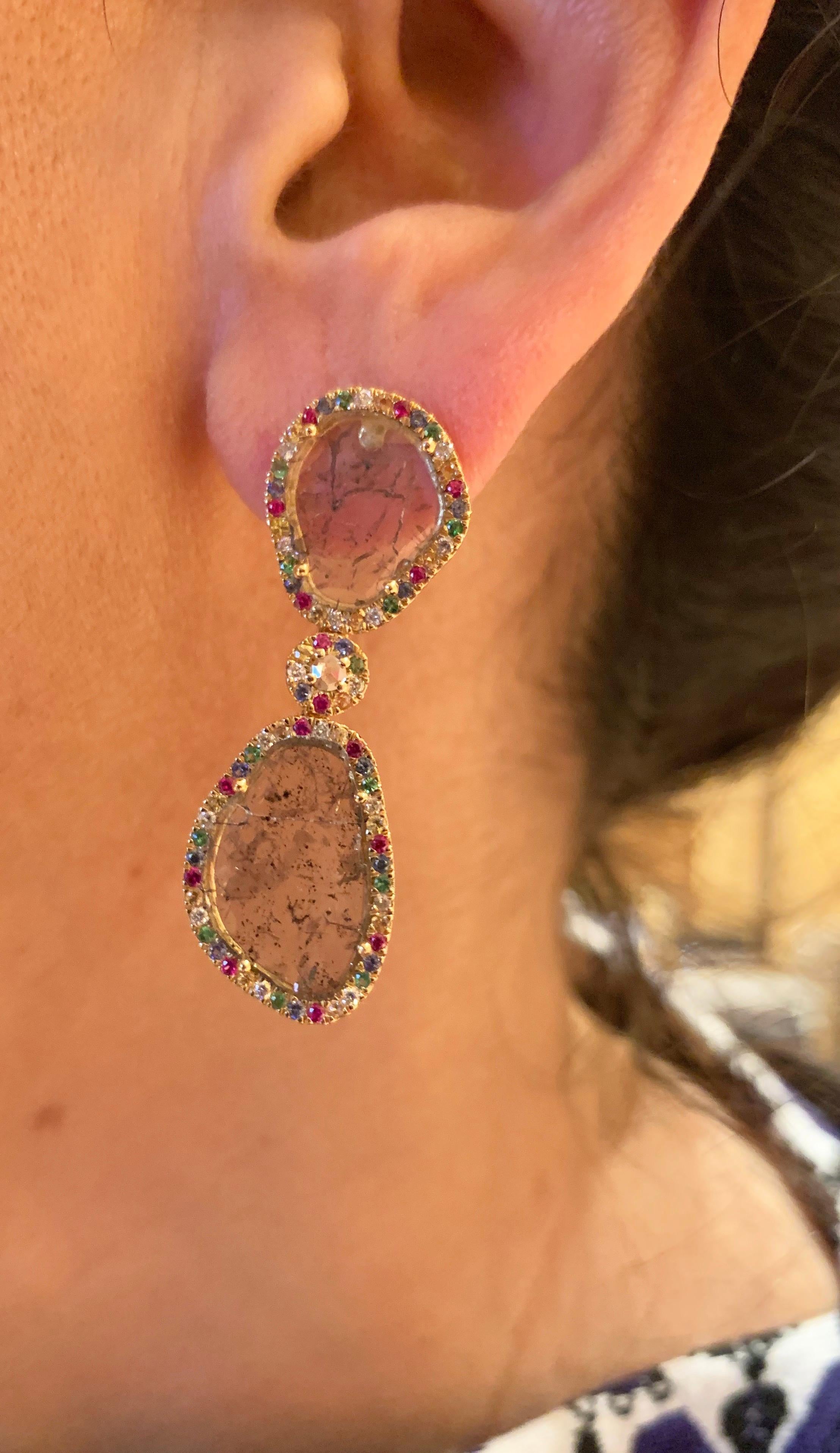 Manpriya B Slice Diamond Ruby, Coloured Sapphire & Tsavorite Diva Drop Earrings  6