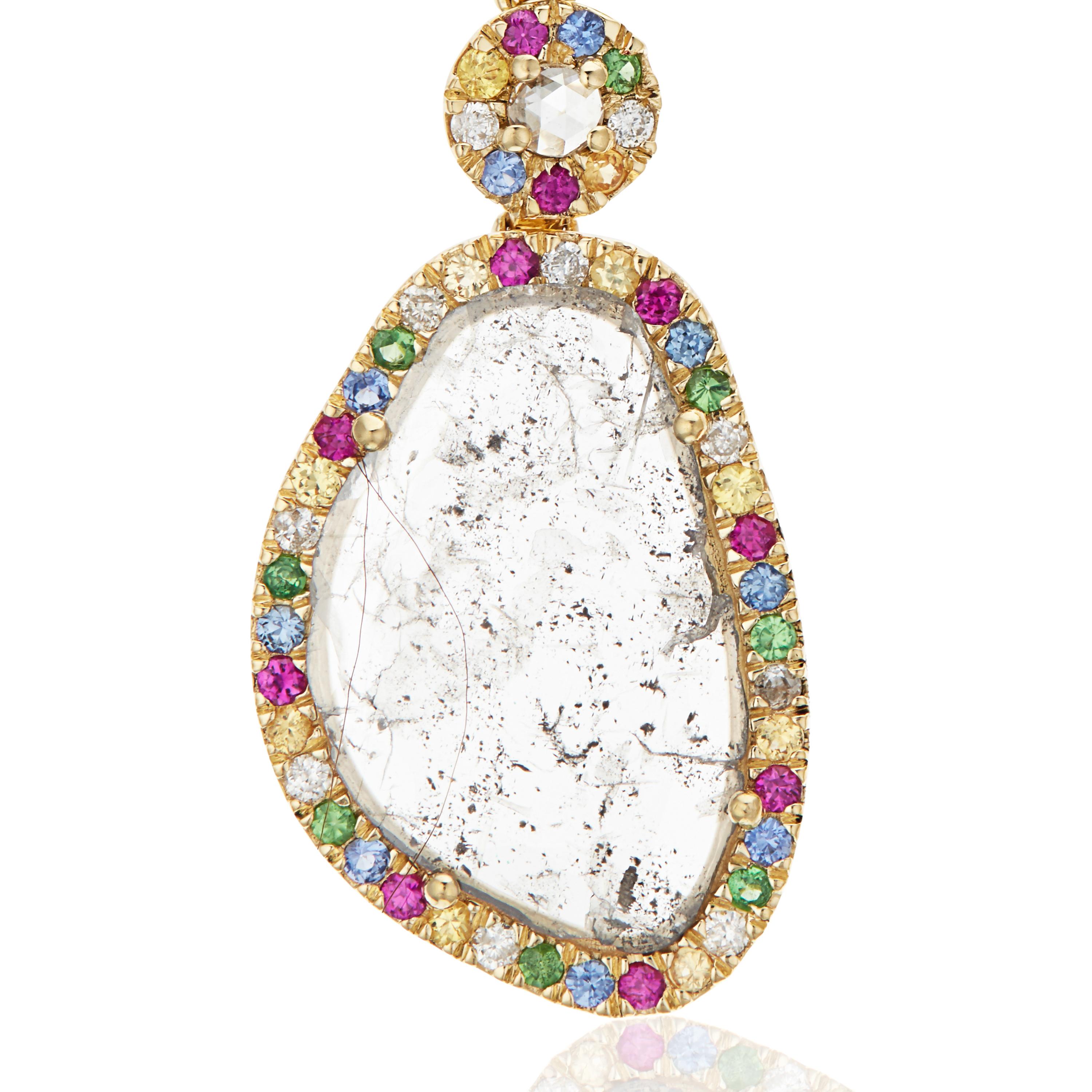 Round Cut Manpriya B Slice Diamond Ruby, Coloured Sapphire & Tsavorite Diva Drop Earrings 