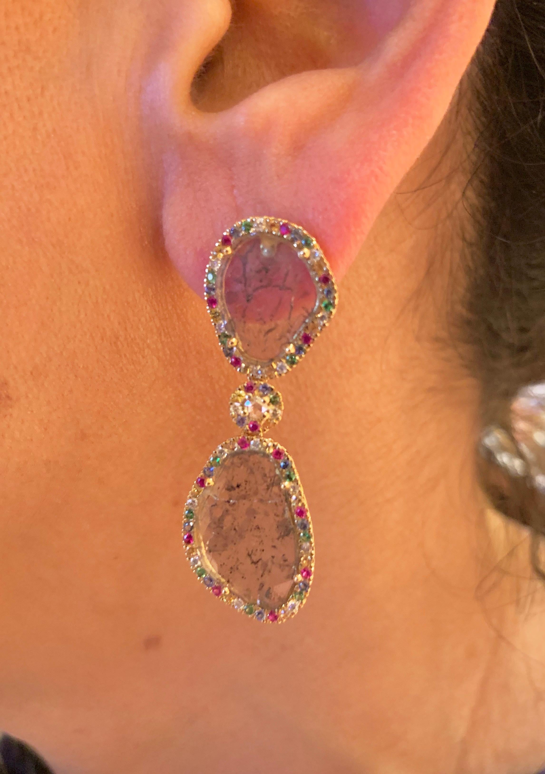 Manpriya B Slice Diamond Ruby, Coloured Sapphire & Tsavorite Diva Drop Earrings  4